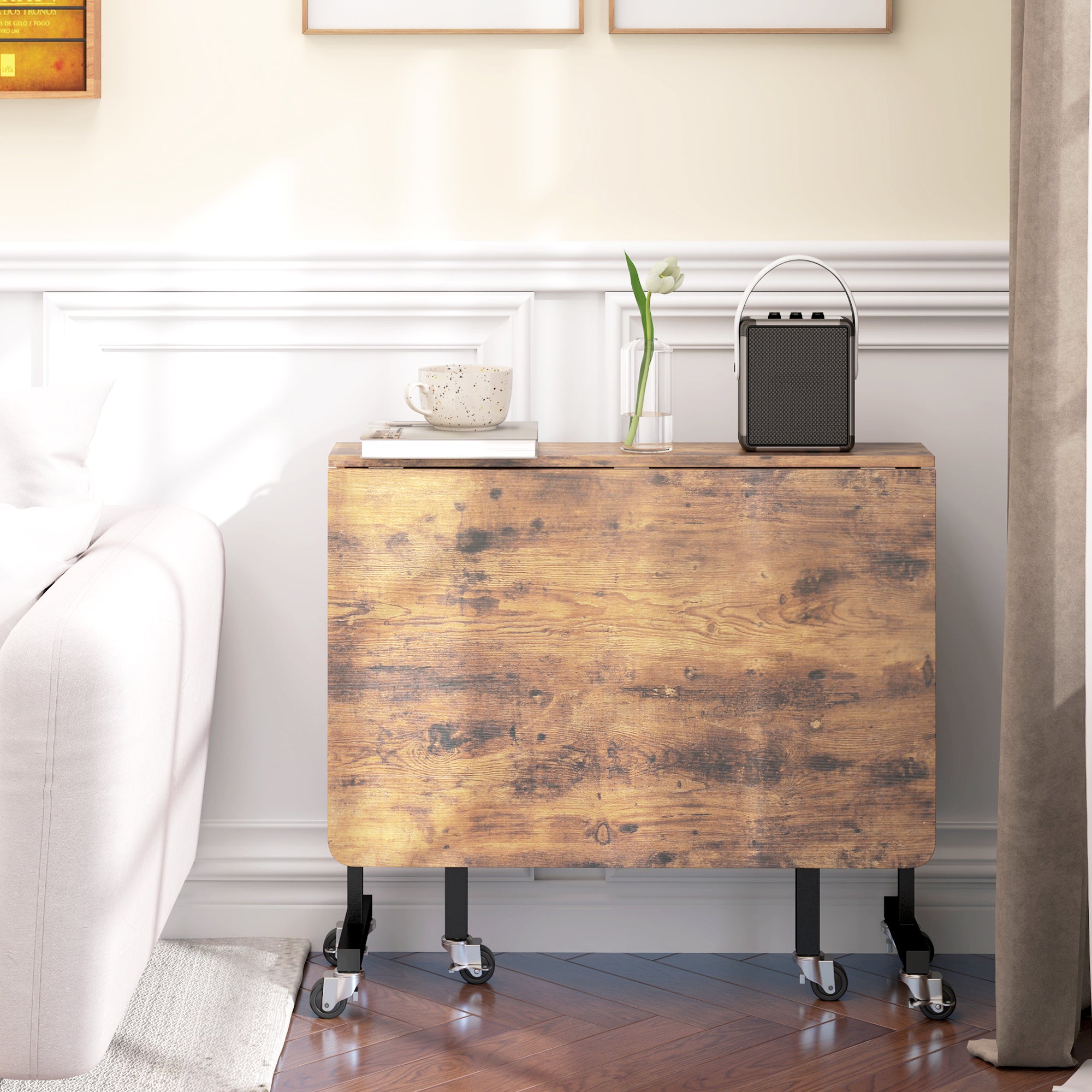 Table pliante cuisine, table à manger pliable, avec 2 abattants, 6 roues avec freins, pour 4-6 personnes, charge 100 kg, pieds en acier, 120 x 80 x 73 cm, brun rustique