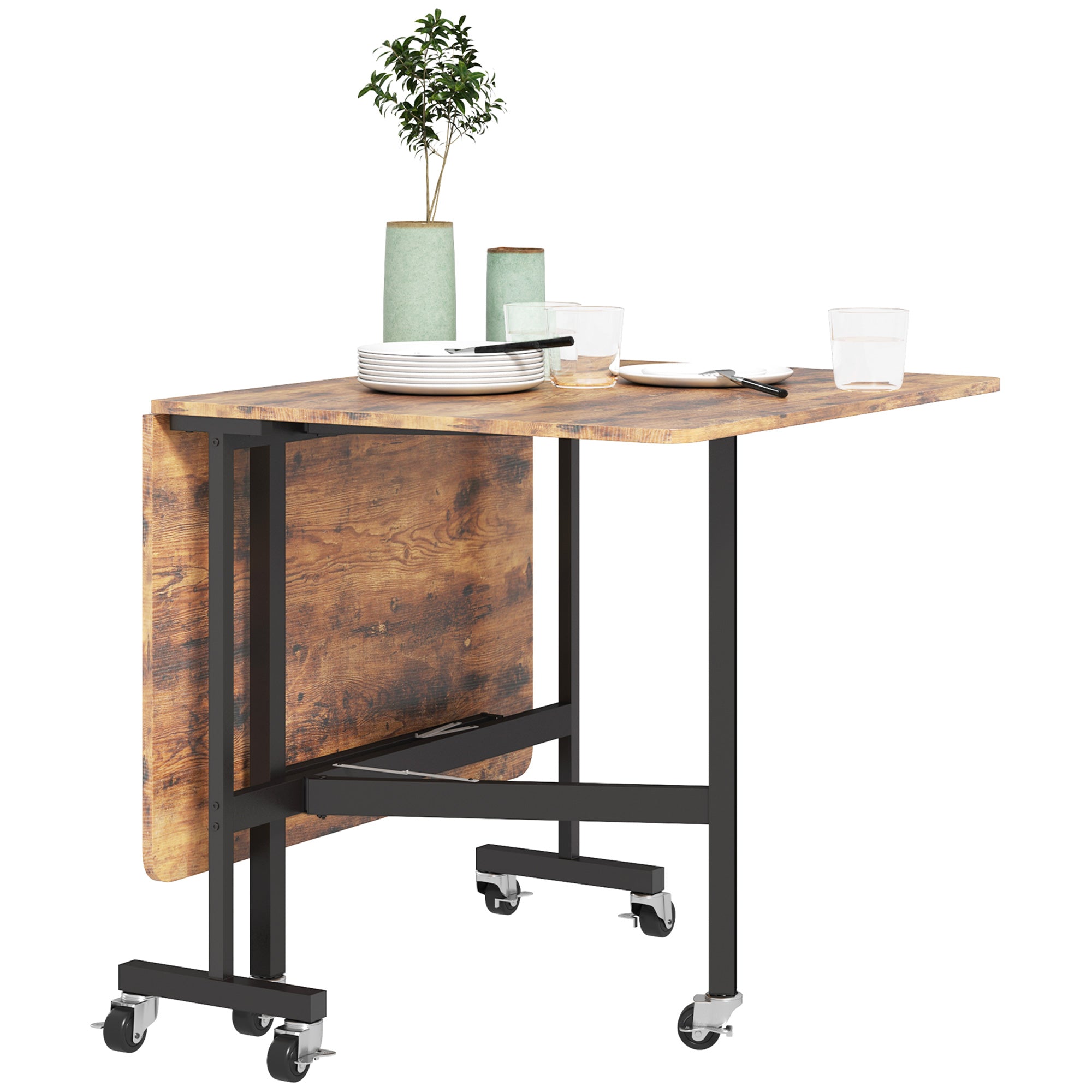 Table pliante cuisine, table à manger pliable, avec 2 abattants, 6 roues avec freins, pour 4-6 personnes, charge 100 kg, pieds en acier, 120 x 80 x 73 cm, brun rustique