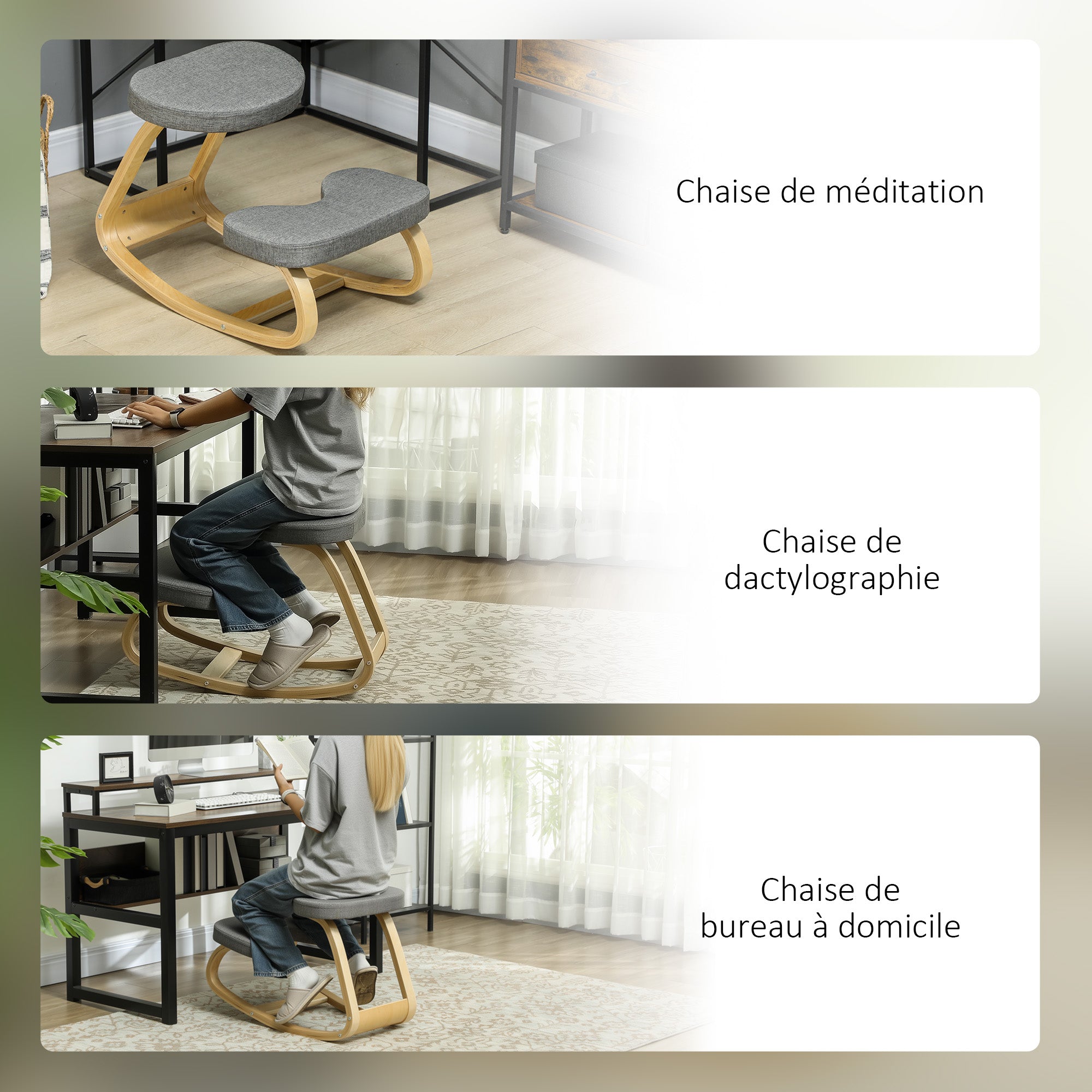 Siège assis genoux, siège ergonomique en bois à bascule, chaise à genoux pour bureau à domicile, améliorer la posture, maux de dos, gris