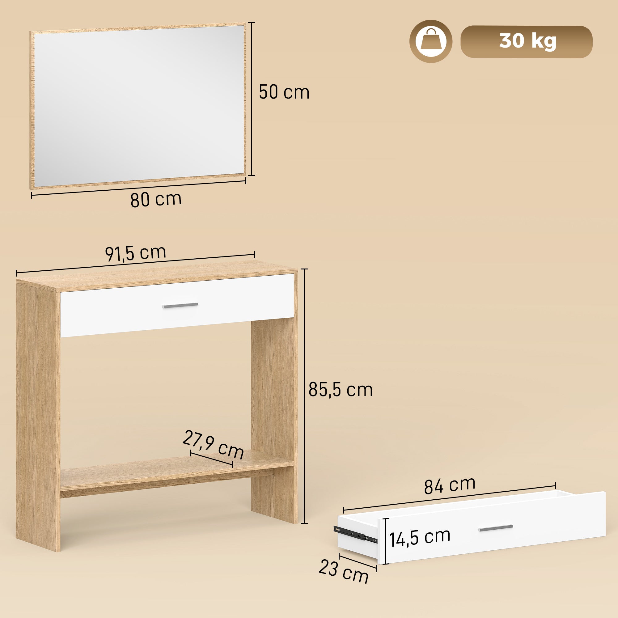 Console meuble + miroir, table console étroite avec tiroir et étagère, style moderne, table d'entrée, couloir, salon, petits espaces, 91,5 x 27,9 x 85,5 cm, chêne