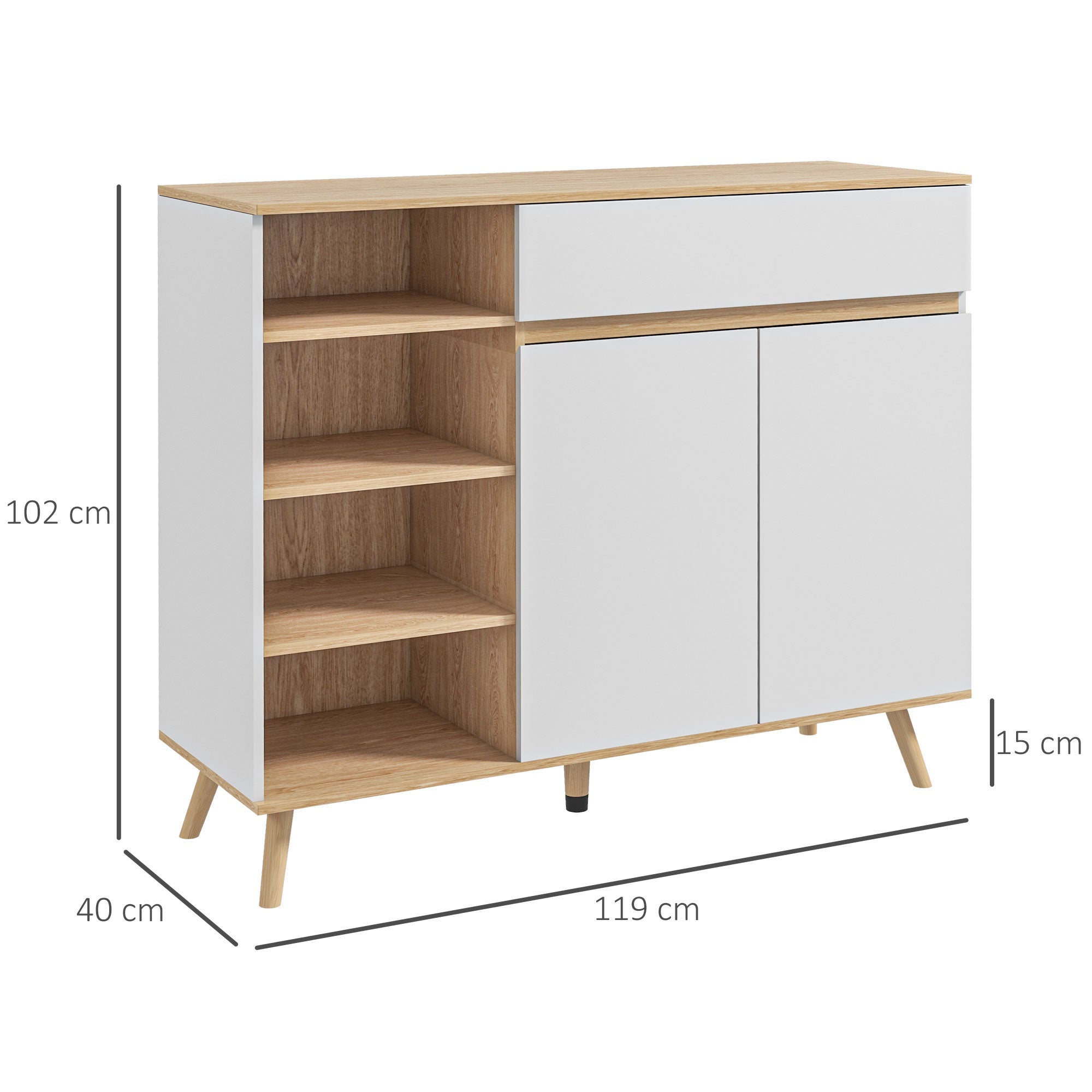 Buffet meuble de rangement étagères réglables style scandinave avec 1 placard double porte 1 tiroir et 4 niches 119 x 40 x 102 cm blanc