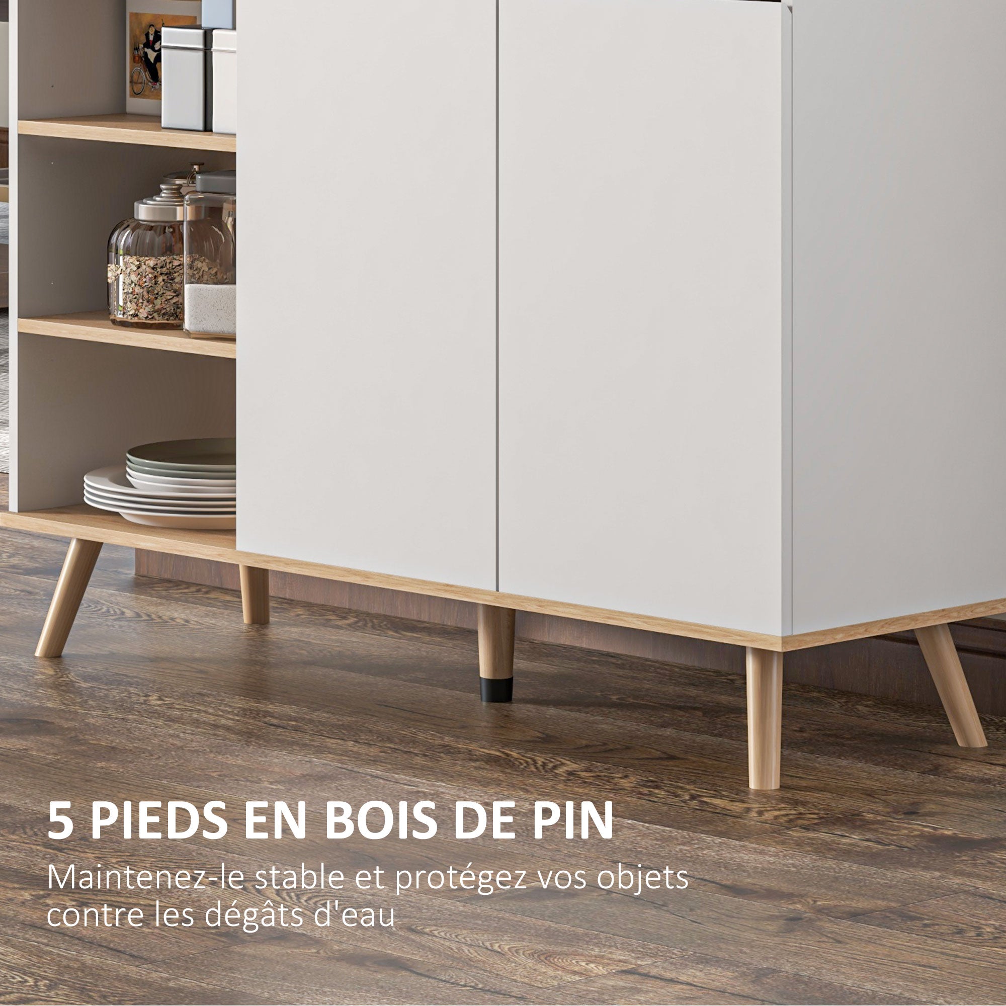 Buffet meuble de rangement étagères réglables style scandinave avec 1 placard double porte 1 tiroir et 4 niches 119 x 40 x 102 cm blanc