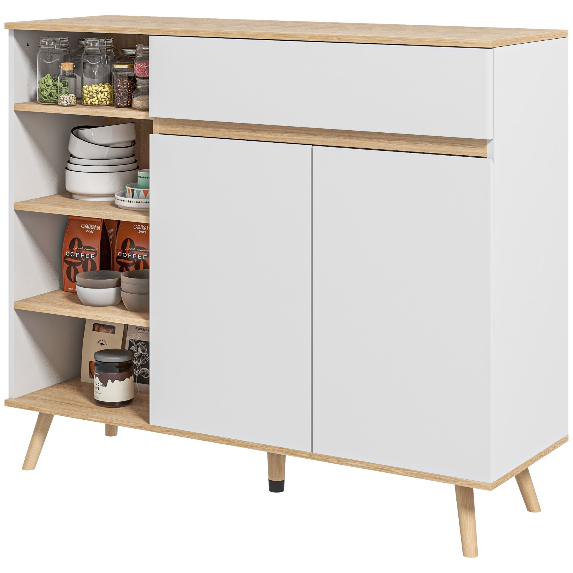 Buffet meuble de rangement étagères réglables style scandinave avec 1 placard double porte 1 tiroir et 4 niches 119 x 40 x 102 cm blanc