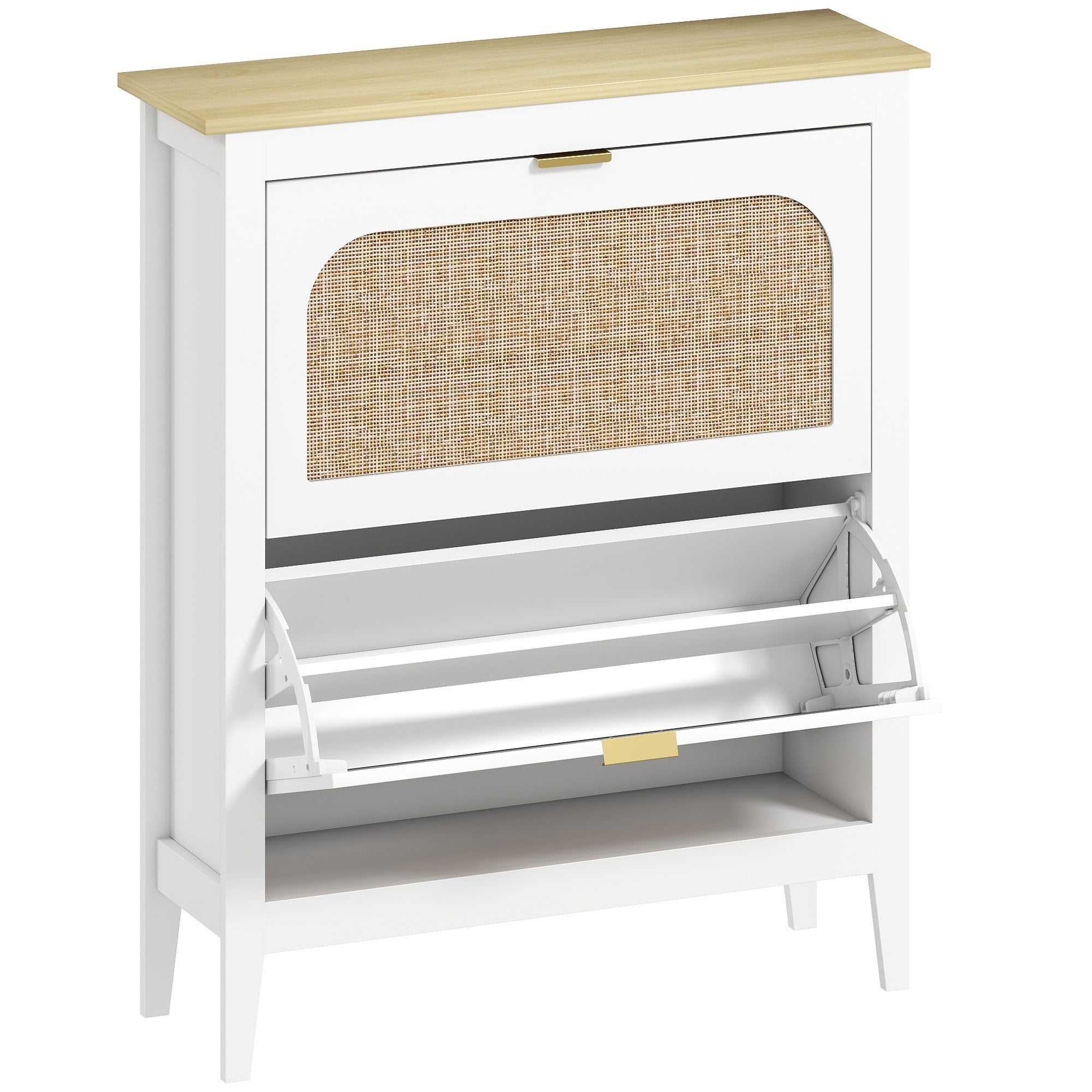 Meuble à chaussures 14 paires, armoire à chaussures étroite bohème avec 2 tiroirs rabattables, portes effet cannage rotin et étagères réglables, pour couloir et entrée, 80x24x95,5cm, blanc