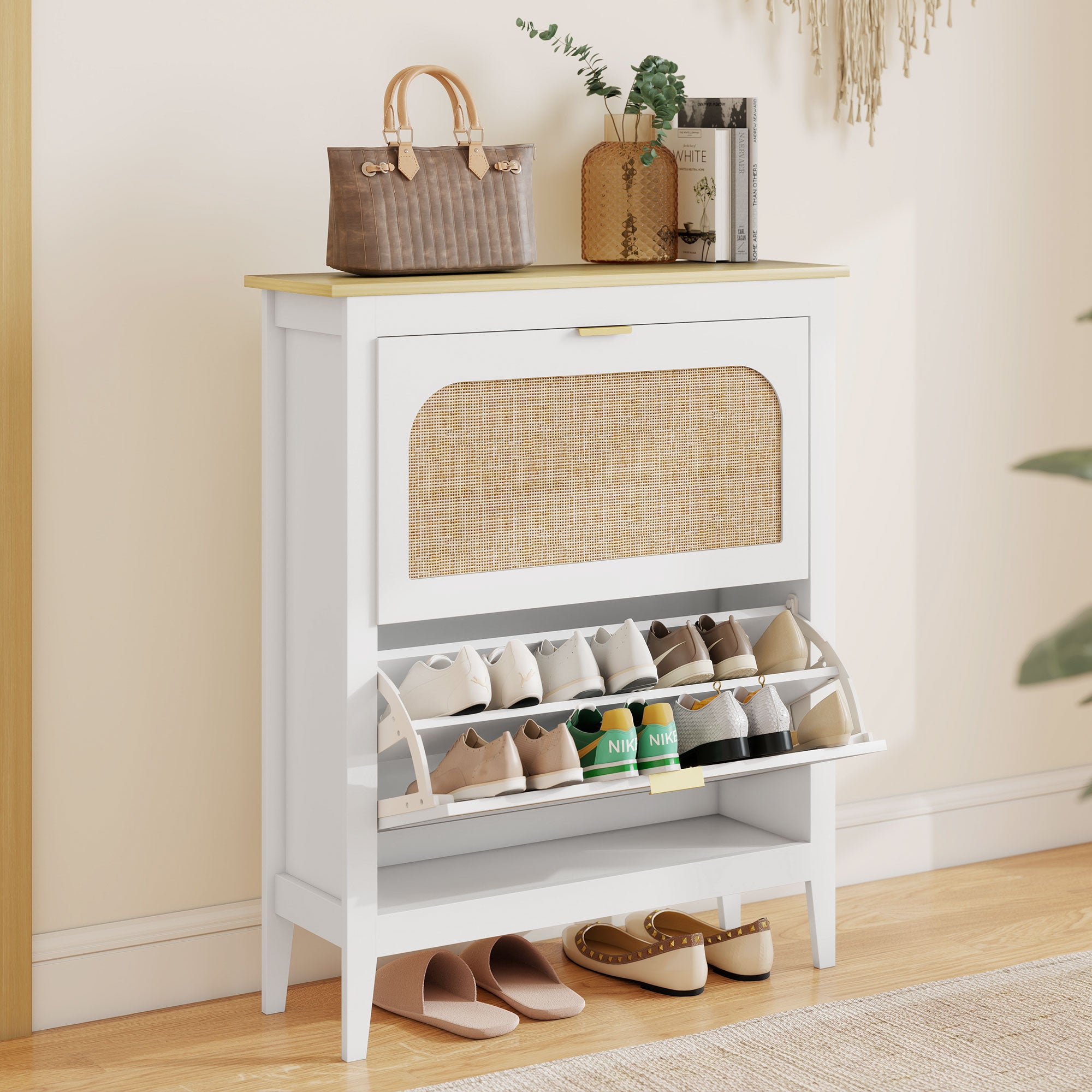 Meuble à chaussures 14 paires, armoire à chaussures étroite bohème avec 2 tiroirs rabattables, portes effet cannage rotin et étagères réglables, pour couloir et entrée, 80x24x95,5cm, blanc