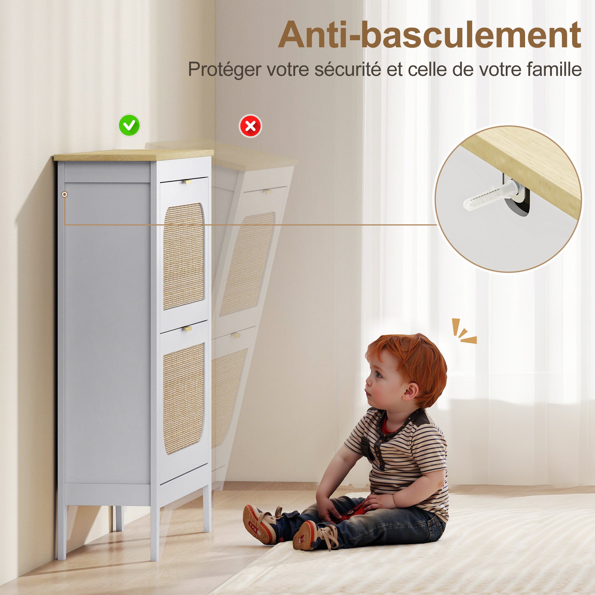 Meuble à chaussures 14 paires, armoire à chaussures étroite bohème avec 2 tiroirs rabattables, portes effet cannage rotin et étagères réglables, pour couloir et entrée, 80x24x95,5cm, blanc