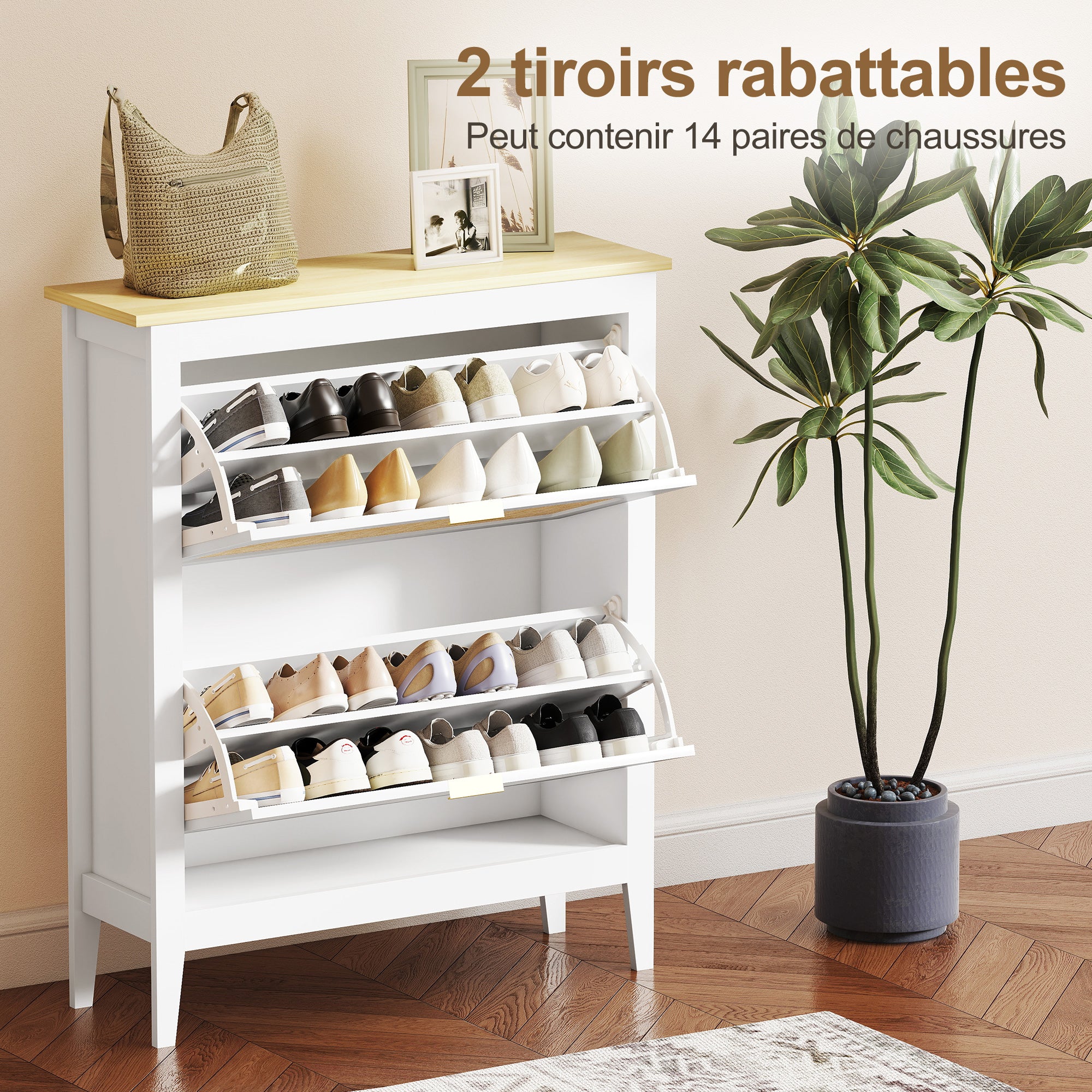 Meuble à chaussures 14 paires, armoire à chaussures étroite bohème avec 2 tiroirs rabattables, portes effet cannage rotin et étagères réglables, pour couloir et entrée, 80x24x95,5cm, blanc