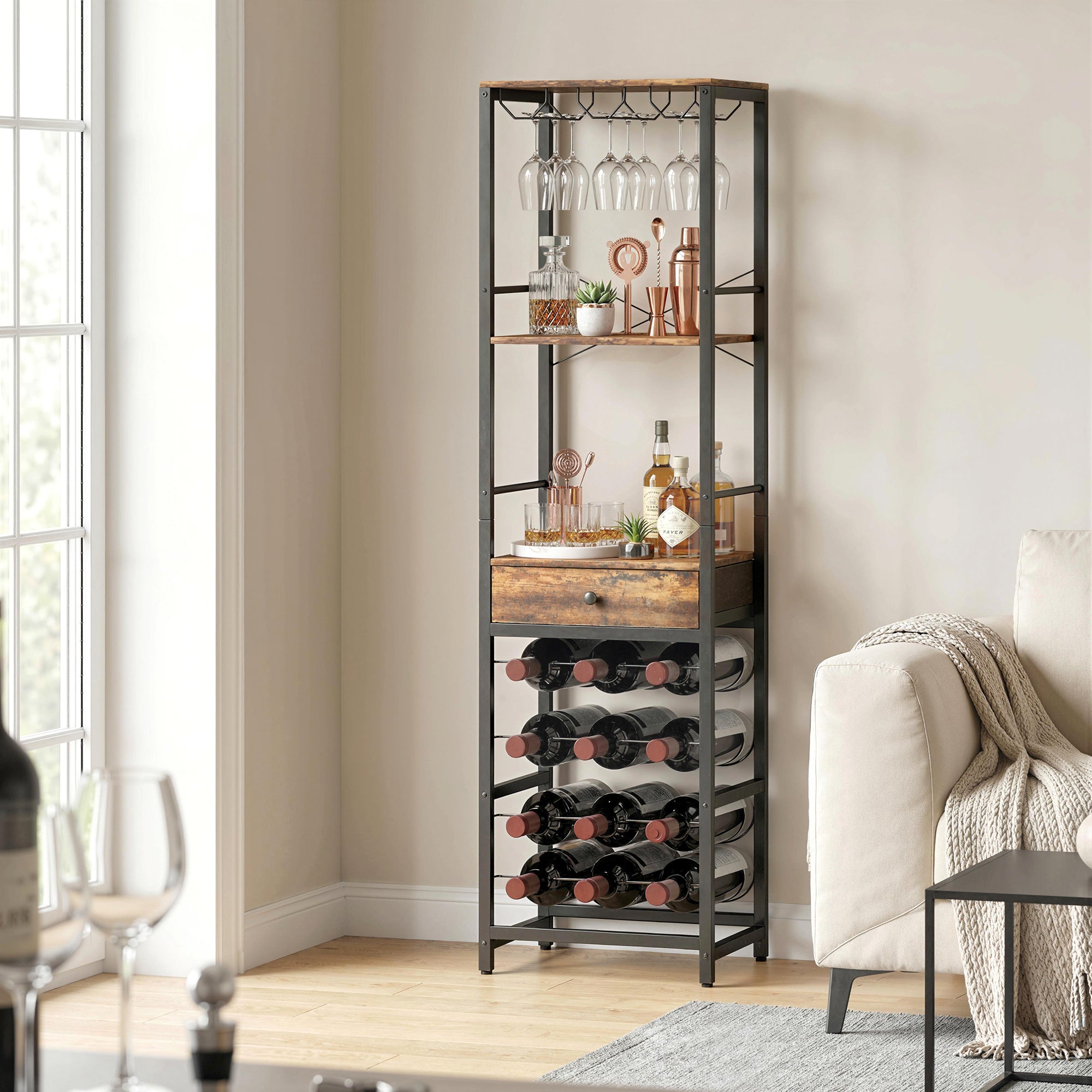 Casier à bouteilles pour 12 bouteilles, casier à vin avec étagère ouverte et tiroir, style industriel, étagère à vin en métal pour cuisine, salon, bar, 40 x 30 x 148 cm, brun rustique