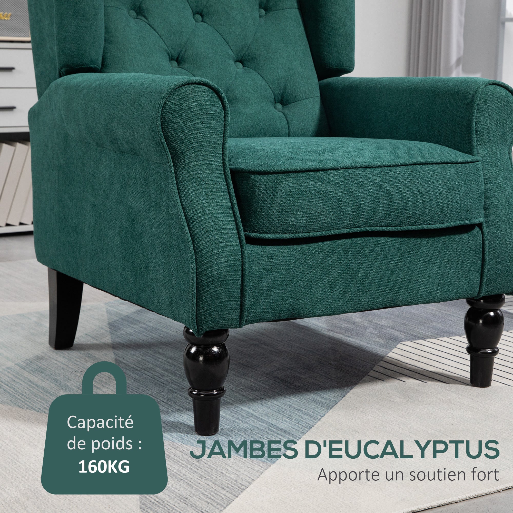 Fauteuil de salon, fauteuil capitonné avec pieds en bois, assise large, grand confort, style classique, 74 x 86 x 102 cm, vert