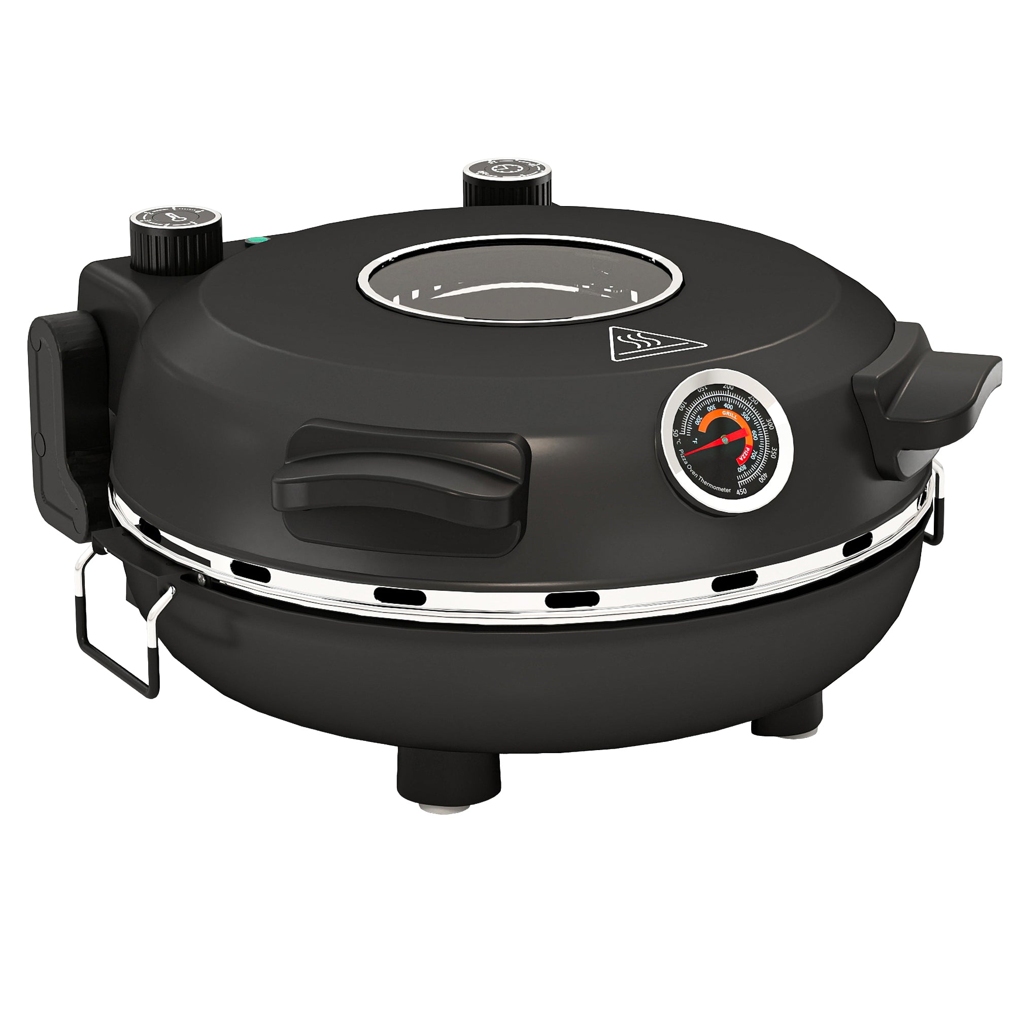 Four à pizza électrique 1200 W jusqu'à 430°C, plaque en pierre réfractaire 30 cm, minuterie, température réglable, protection contre surchauffe et fenêtre de visualisation, pelles inclus, noir