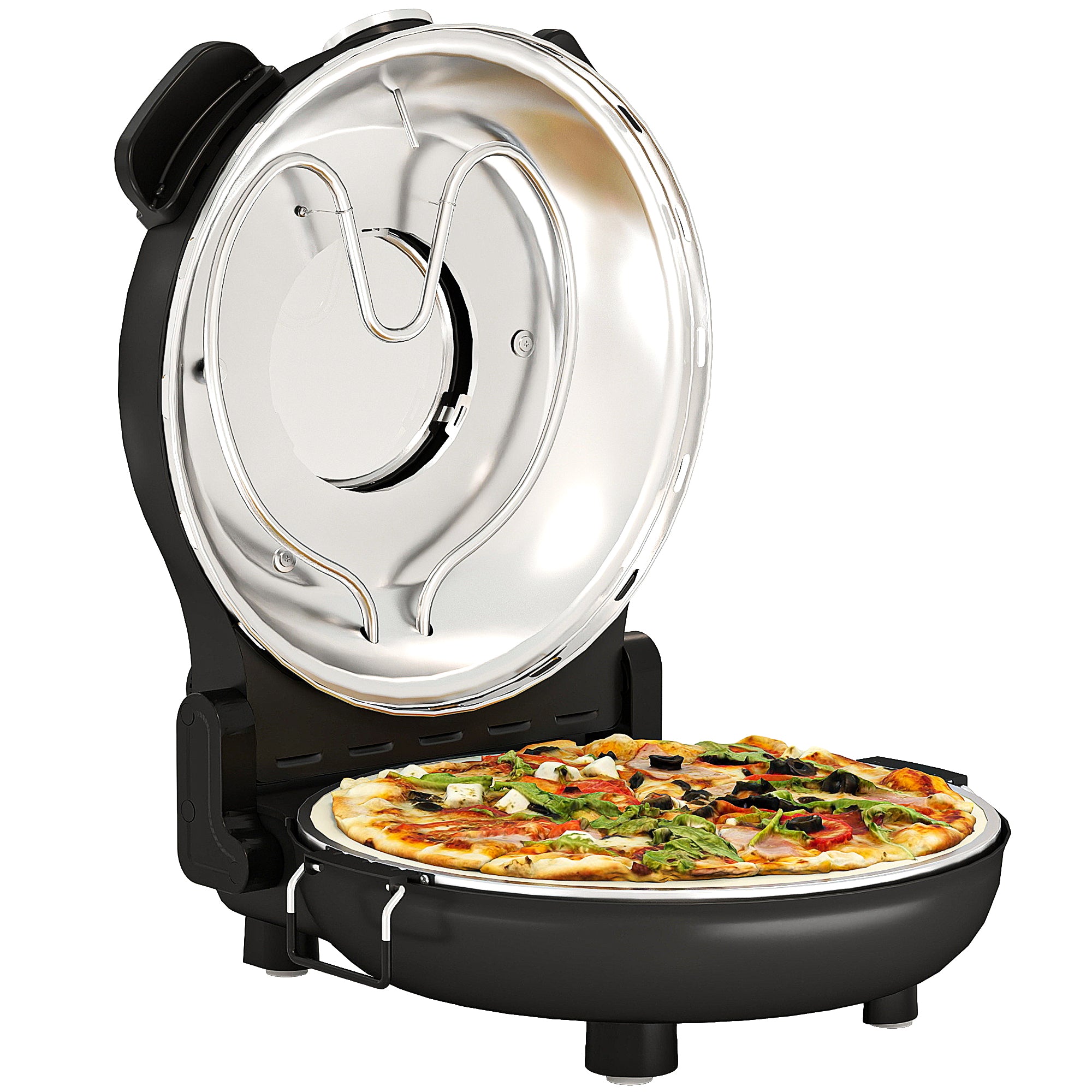 Four à pizza électrique 1200 W jusqu'à 430°C, plaque en pierre réfractaire 30 cm, minuterie, température réglable, protection contre surchauffe et fenêtre de visualisation, pelles inclus, noir