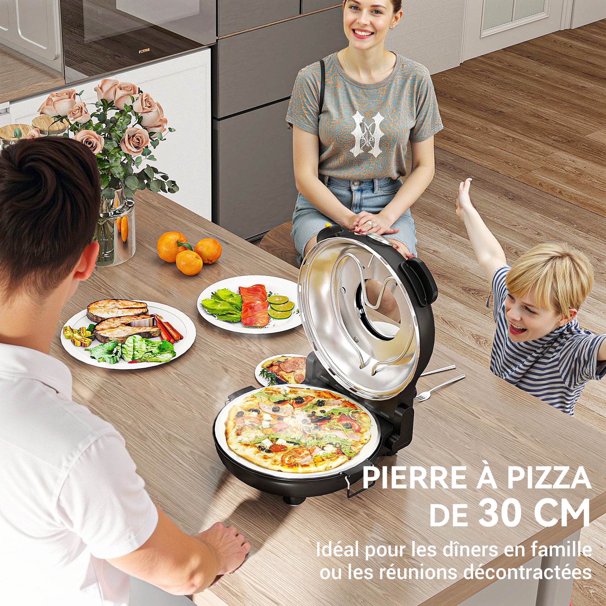 Four à pizza électrique 1200 W jusqu'à 430°C, plaque en pierre réfractaire 30 cm, minuterie, température réglable, protection contre surchauffe et fenêtre de visualisation, pelles inclus, noir