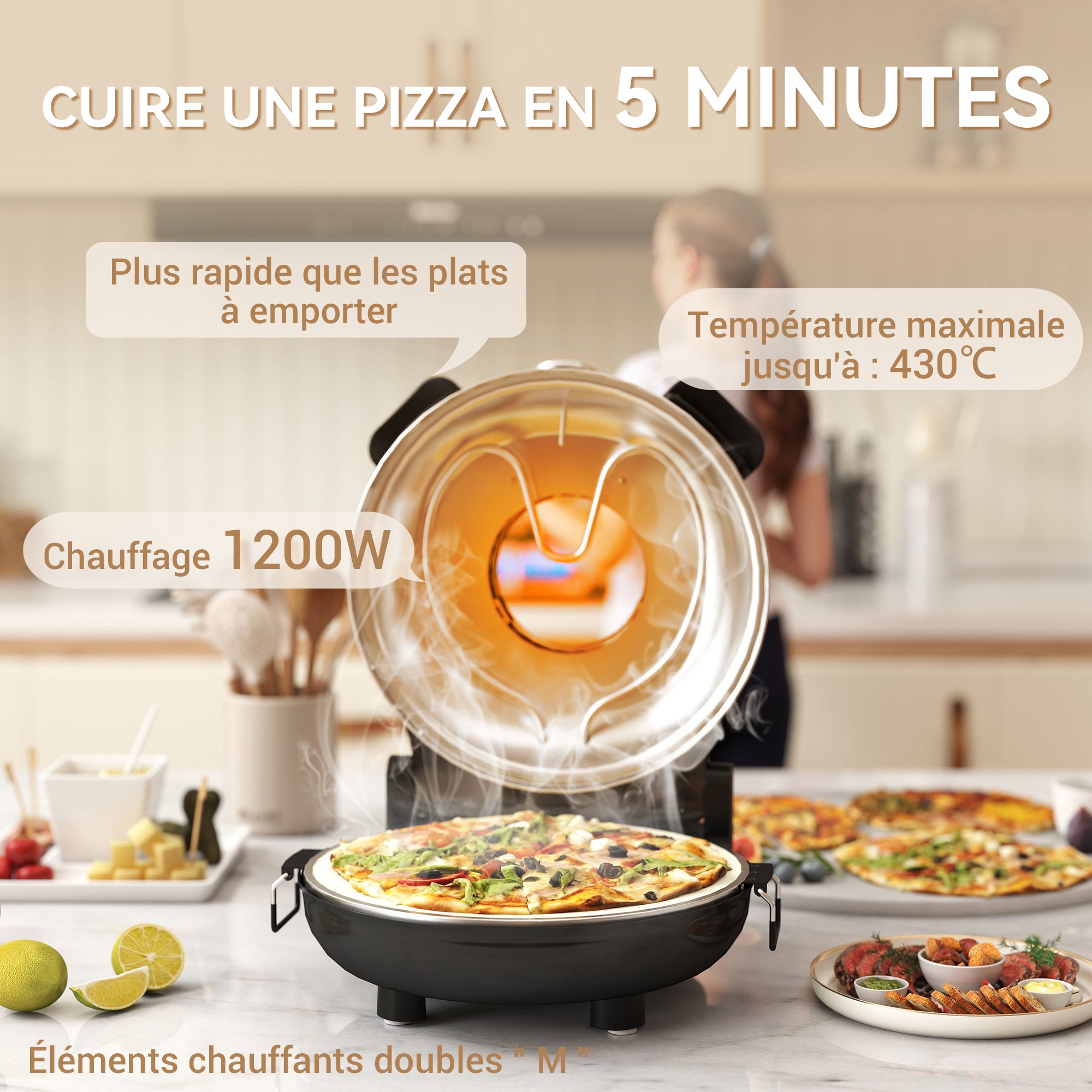 Four à pizza électrique 1200 W jusqu'à 430°C, plaque en pierre réfractaire 30 cm, minuterie, température réglable, protection contre surchauffe et fenêtre de visualisation, pelles inclus, noir