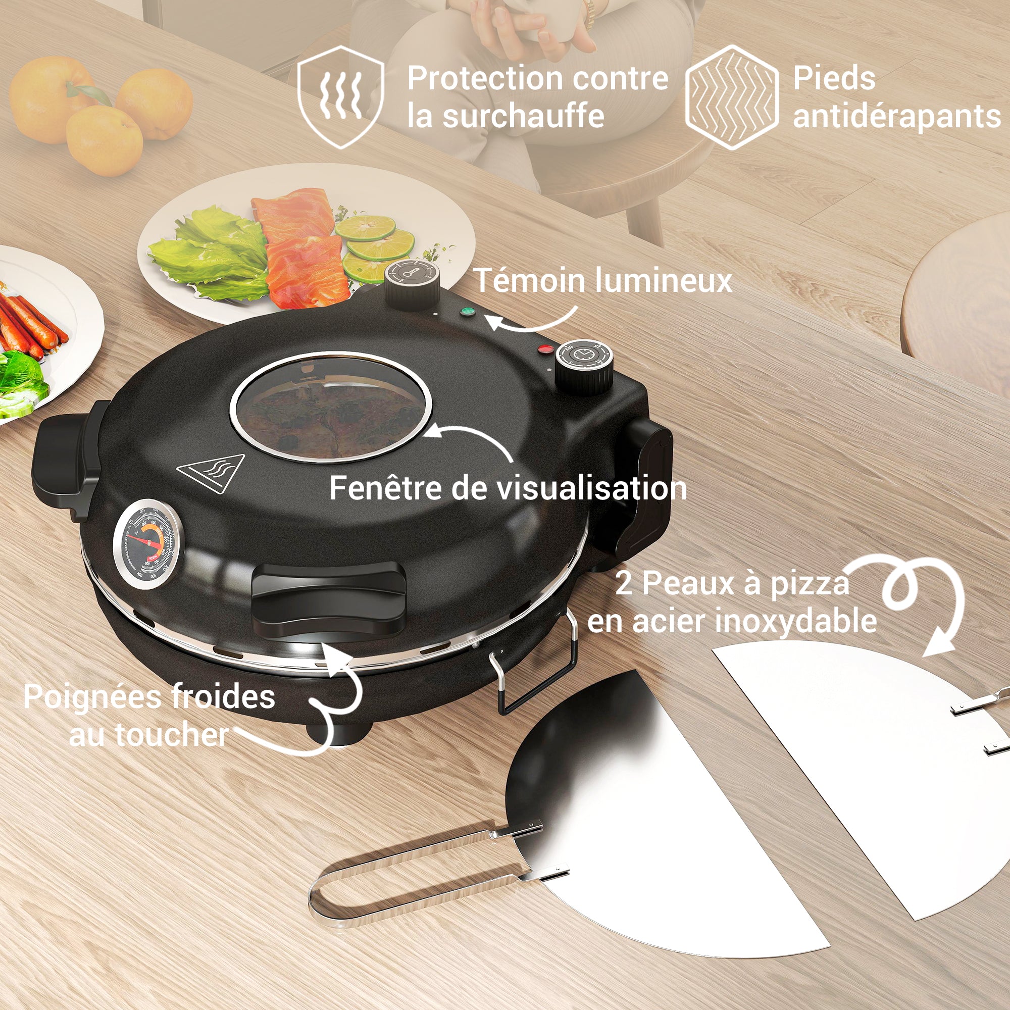 Four à pizza électrique 1200 W jusqu'à 430°C, plaque en pierre réfractaire 30 cm, minuterie, température réglable, protection contre surchauffe et fenêtre de visualisation, pelles inclus, noir