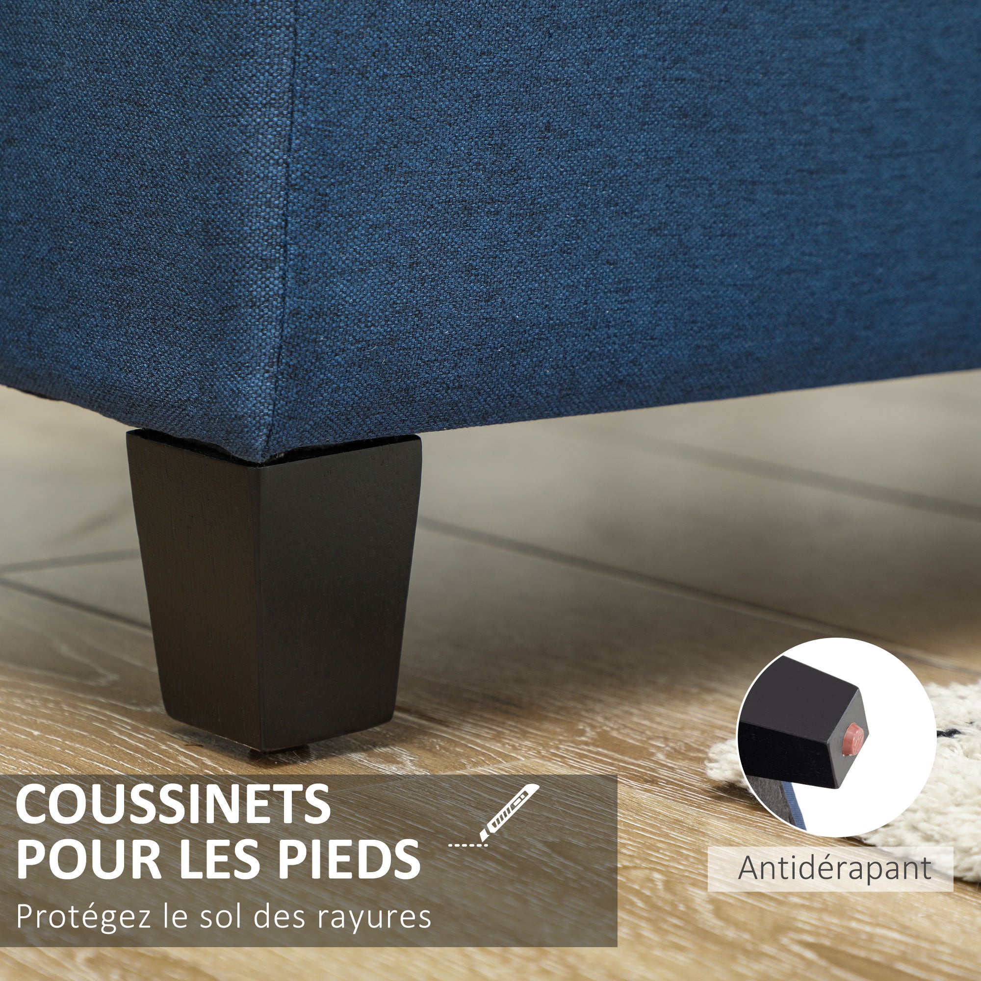 Banc de rangement 94,5L banquette bout de lit coffre de rangement avec siège capitonné en tissu aspect lin et pieds en bois, pour salon, chambre, entrée, 125 x 49 x 41,5 cm, bleu