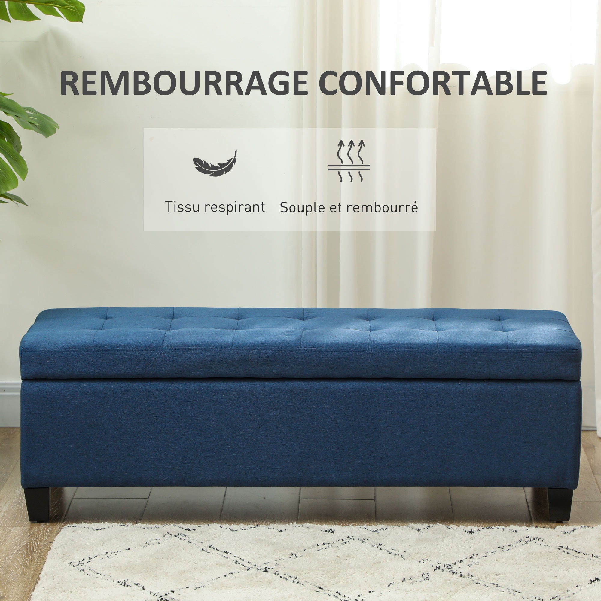 Banc de rangement 94,5L banquette bout de lit coffre de rangement avec siège capitonné en tissu aspect lin et pieds en bois, pour salon, chambre, entrée, 125 x 49 x 41,5 cm, bleu