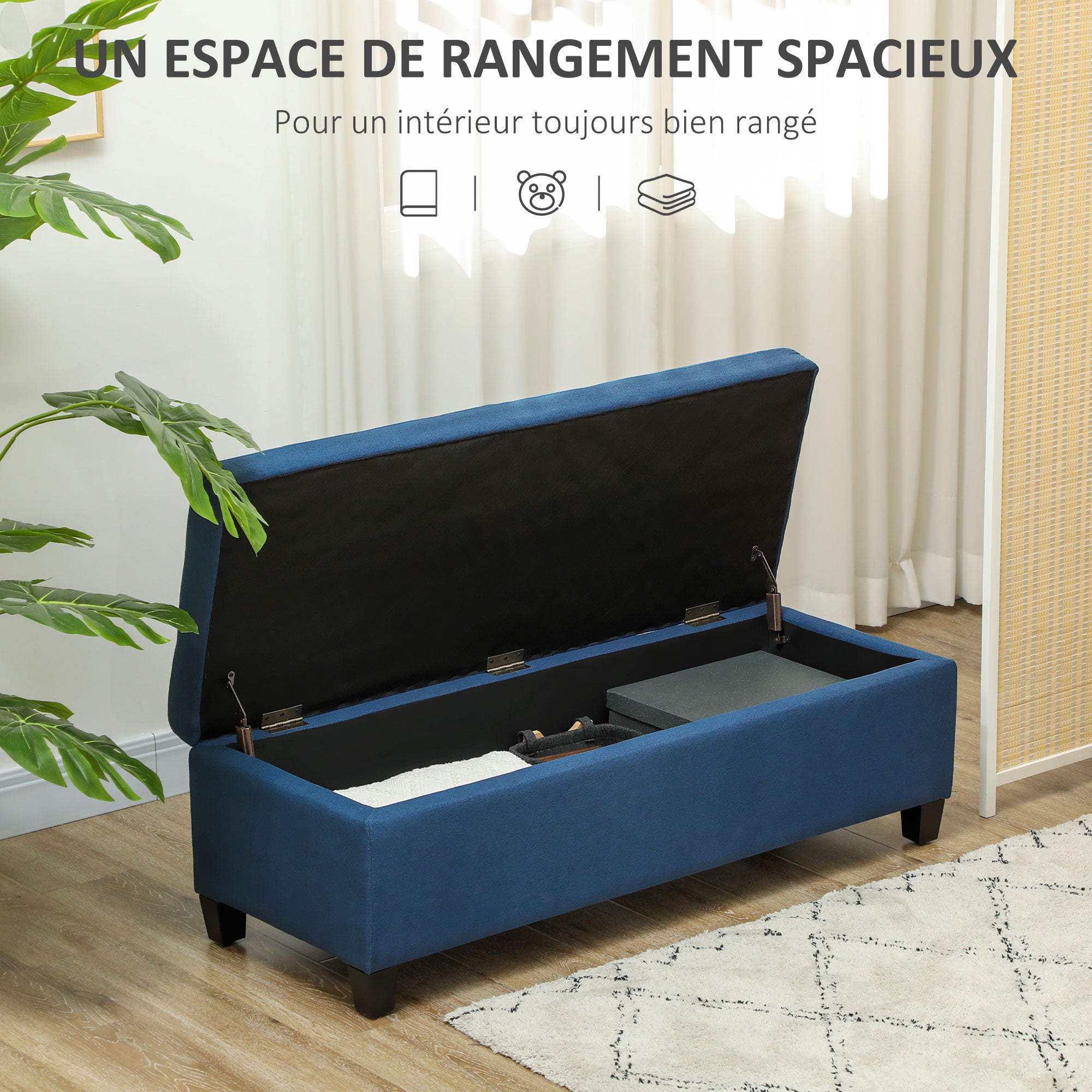 Banc de rangement 94,5L banquette bout de lit coffre de rangement avec siège capitonné en tissu aspect lin et pieds en bois, pour salon, chambre, entrée, 125 x 49 x 41,5 cm, bleu