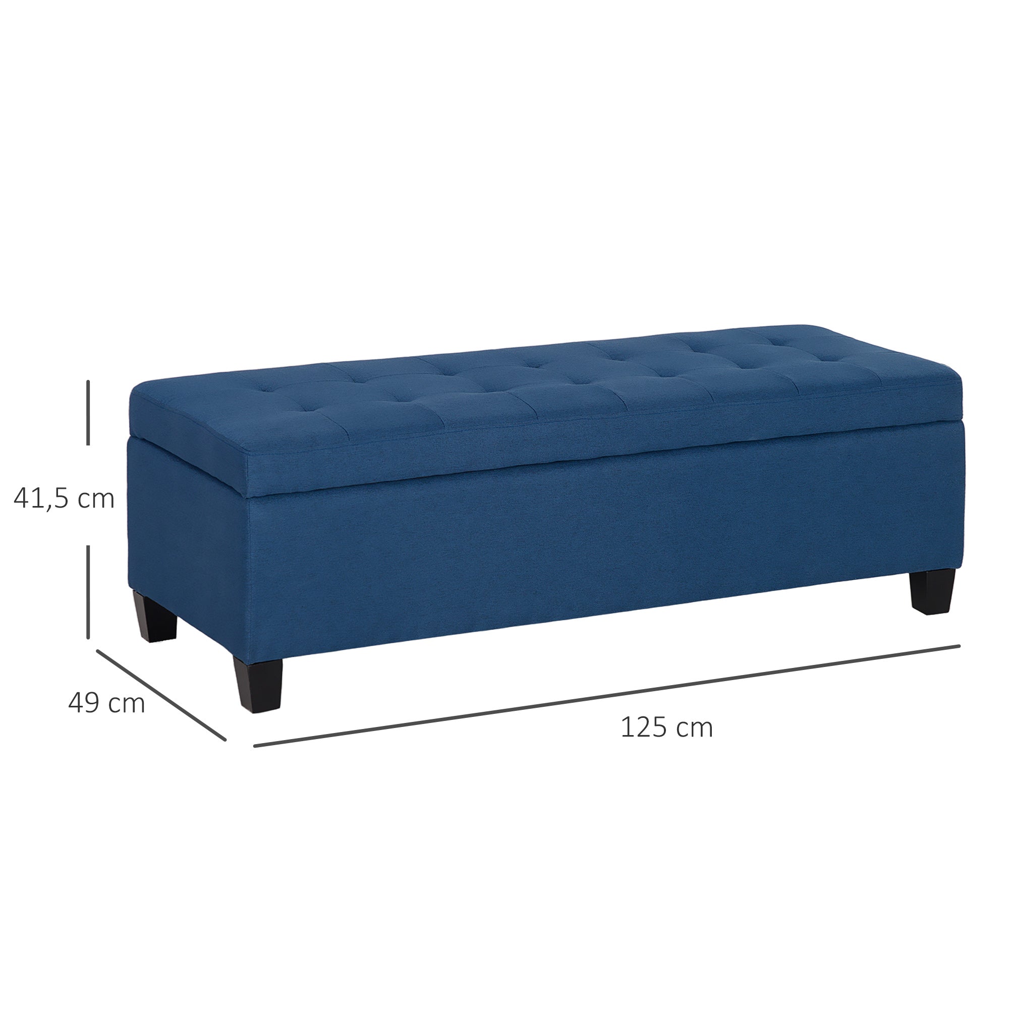 Banc de rangement 94,5L banquette bout de lit coffre de rangement avec siège capitonné en tissu aspect lin et pieds en bois, pour salon, chambre, entrée, 125 x 49 x 41,5 cm, bleu
