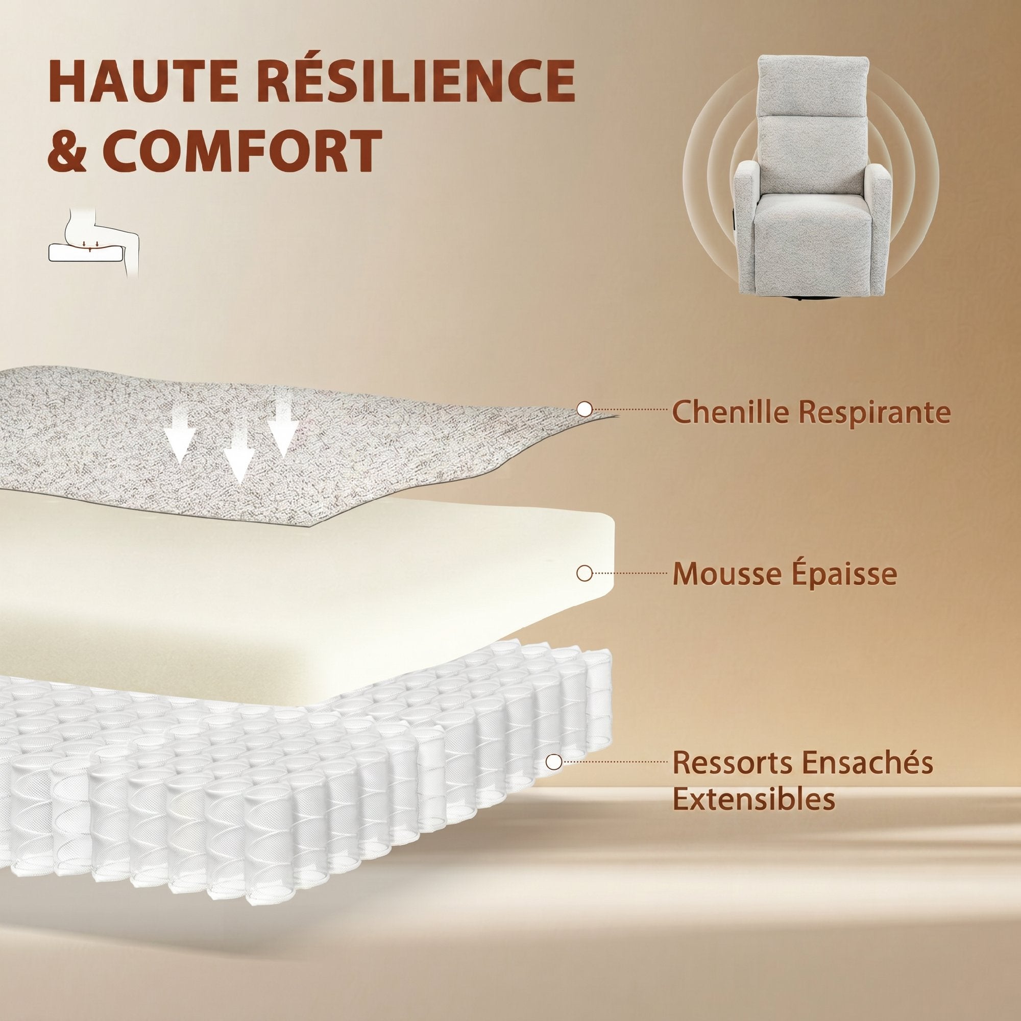 Fauteuil inclinable de massage et chauffage, fauteuil de relaxation en chenille, dossier réglable, pivotant 360°, poches latérales, télécommande, charge 150 kg, pour salon, chambre, crème