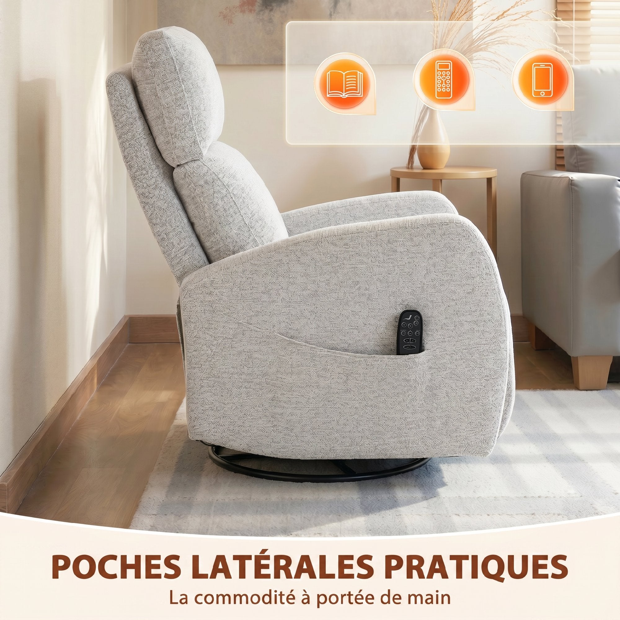 Fauteuil inclinable de massage et chauffage, fauteuil de relaxation en chenille, dossier réglable, pivotant 360°, poches latérales, télécommande, charge 150 kg, pour salon, chambre, crème