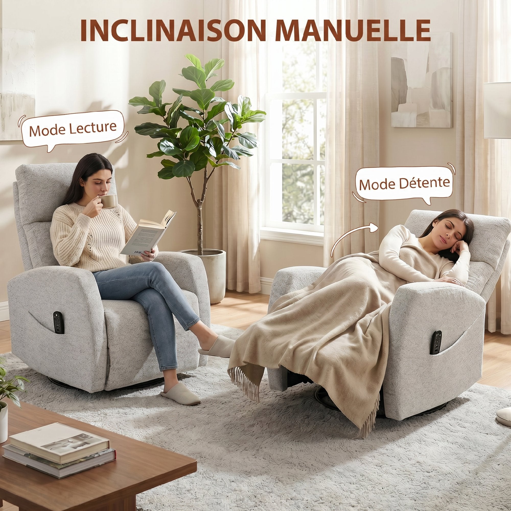 Fauteuil inclinable de massage et chauffage, fauteuil de relaxation en chenille, dossier réglable, pivotant 360°, poches latérales, télécommande, charge 150 kg, pour salon, chambre, crème