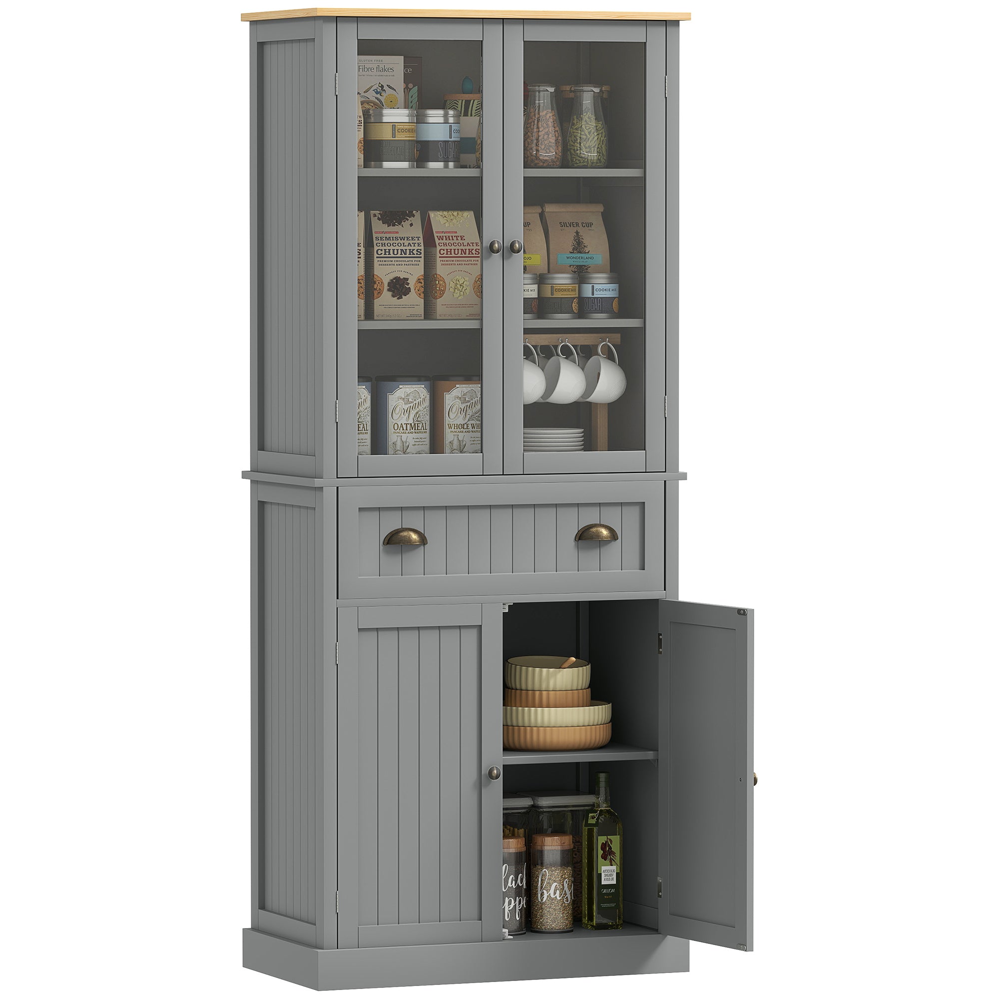 Buffet meuble cuisine rangement armoire de cuisine 4 portes dont 2 portes vitrées et 1 tiroir hauteur 182,5 cm avec étagères réglables - gris