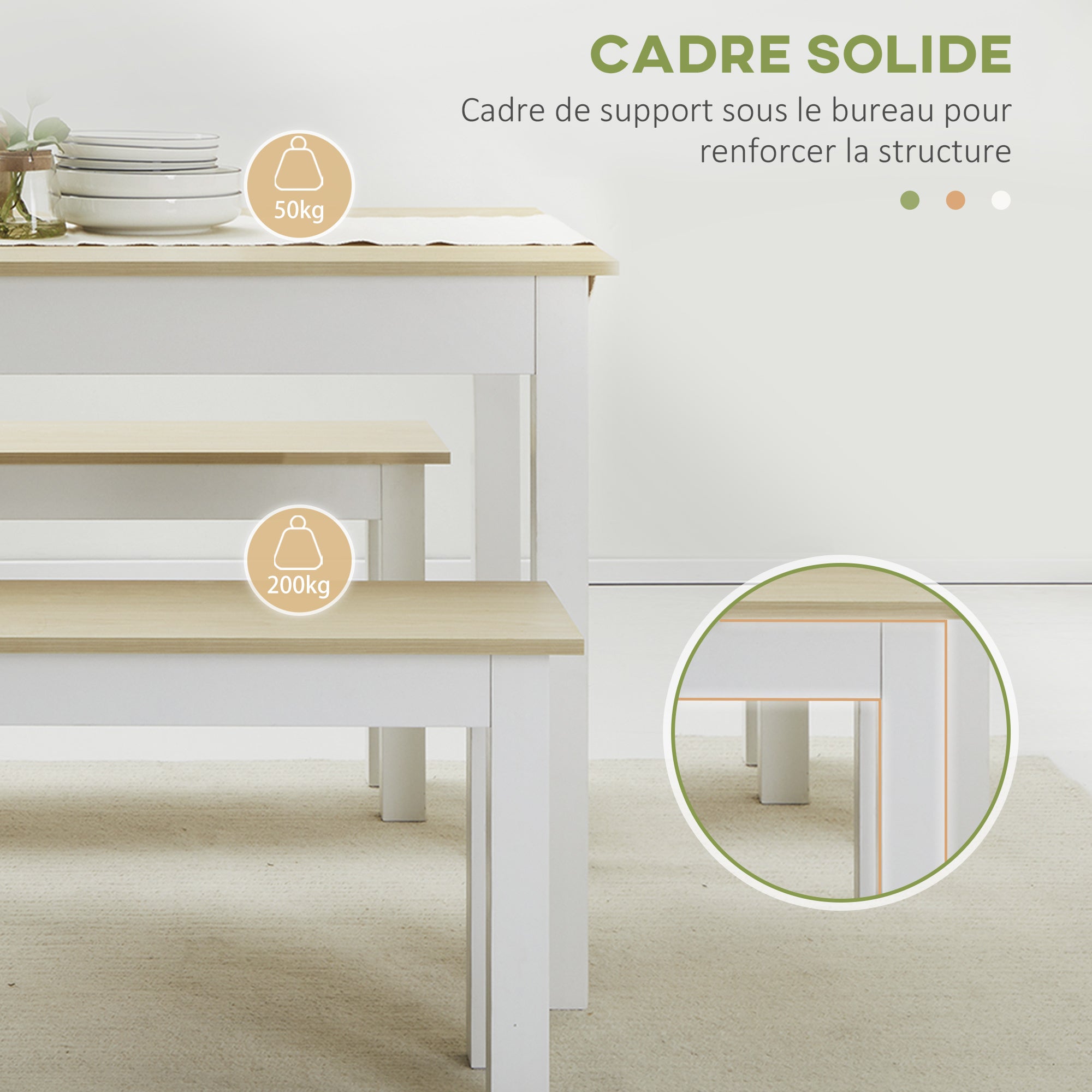 Ensemble table à manger 3 pièces avec 2 bancs encastrables pour 4-6 personnes style contemporain - cuisine salle à manger salon - panneaux de particules