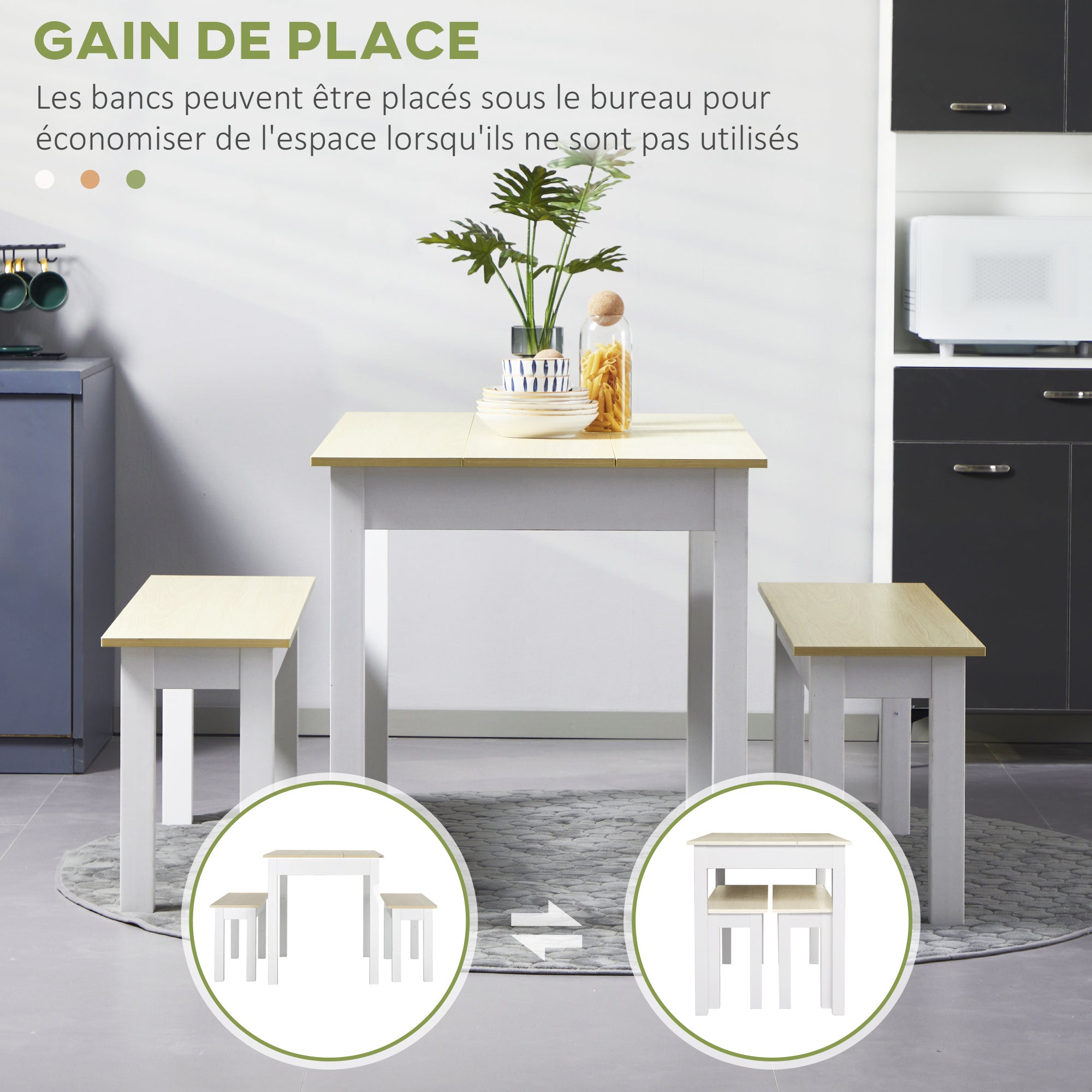 Ensemble table à manger 3 pièces avec 2 bancs encastrables pour 4-6 personnes style contemporain - cuisine salle à manger salon - panneaux de particules