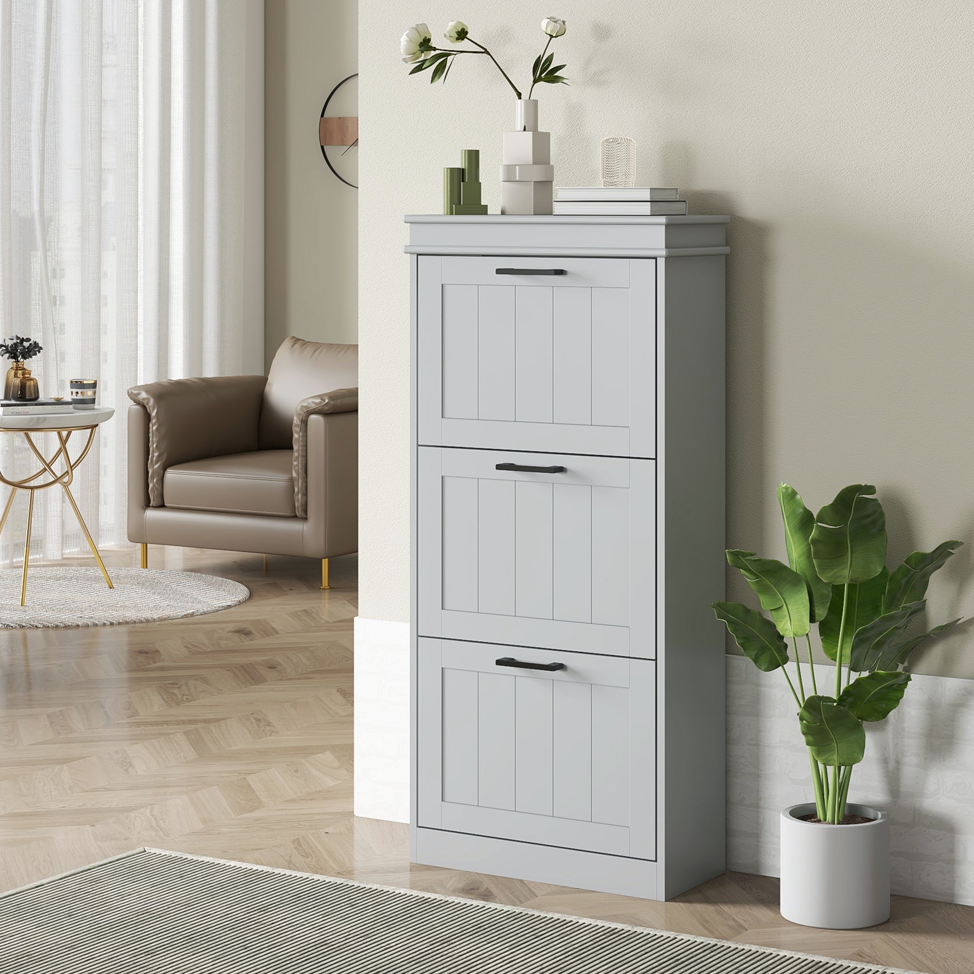 Meuble à chaussures 15 paires, armoire à chaussures étroite moderne avec 3 tiroirs rabattables et étagères réglables, pour couloir et entrée, 54 x 24 x 117,5 cm, gris