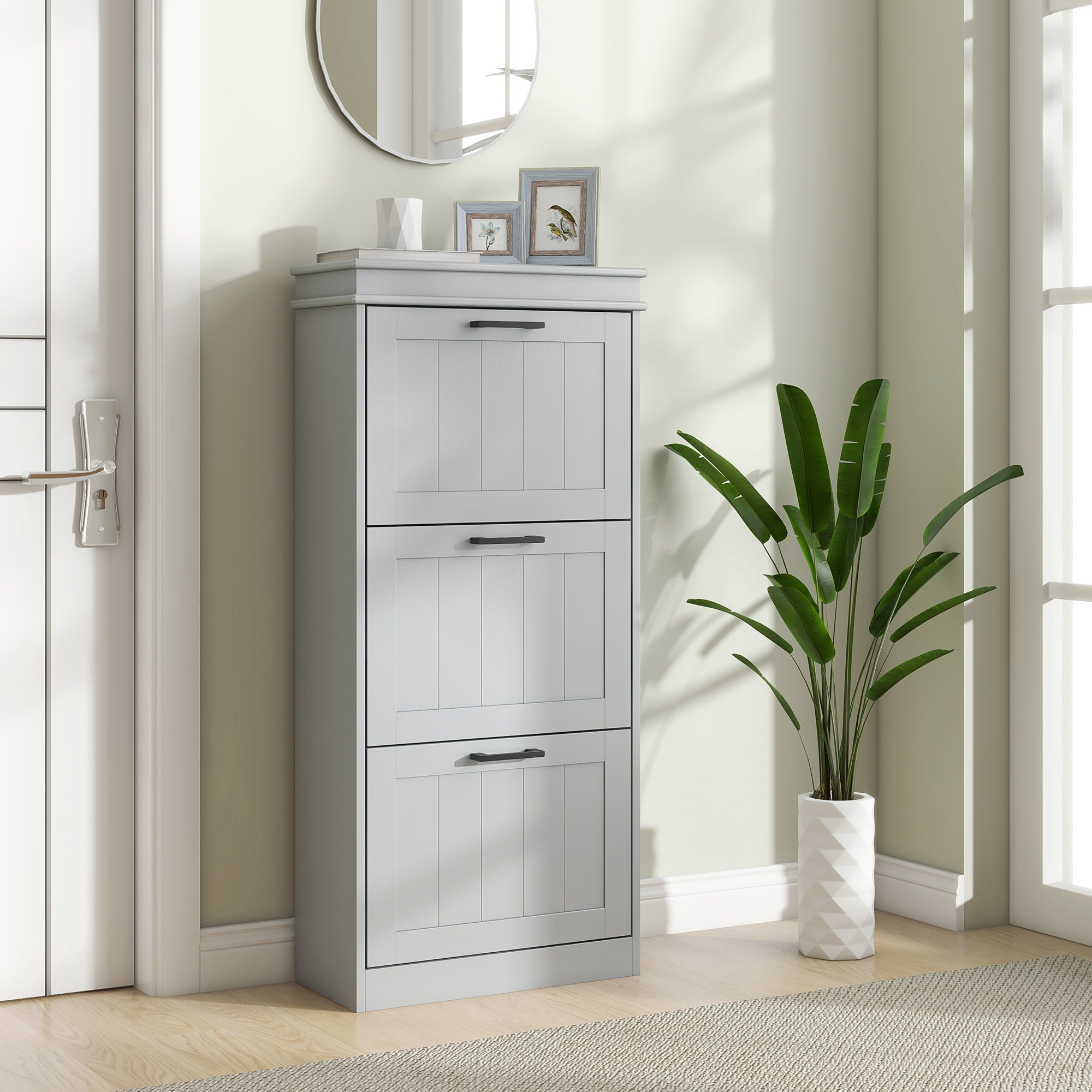 Meuble à chaussures 15 paires, armoire à chaussures étroite moderne avec 3 tiroirs rabattables et étagères réglables, pour couloir et entrée, 54 x 24 x 117,5 cm, gris