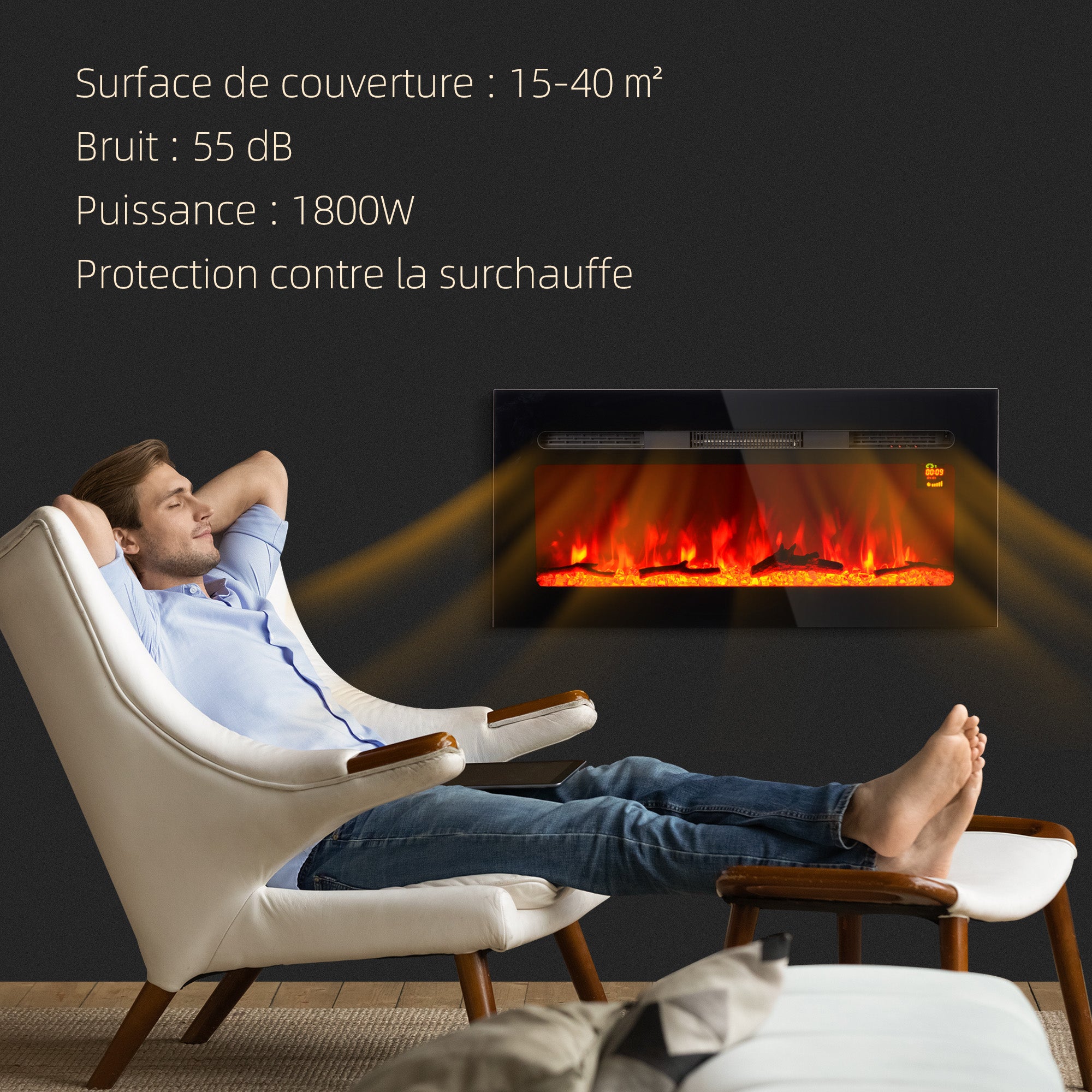 Cheminée électrique 1800 W mural ou encastrable fausse cheminée avec effet flamme en LED 3 couleurs 5 luminosités, bûche et cristal, minuterie, température 15-40℃, télécommande, 91,4L cm, noir