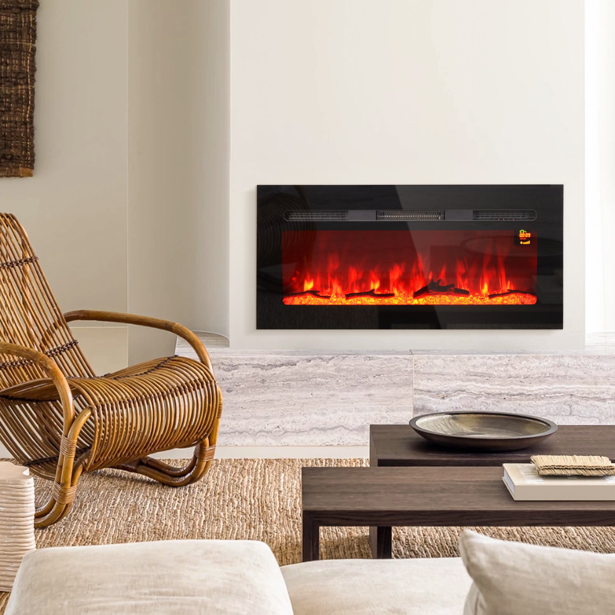 Cheminée électrique 1800 W mural ou encastrable fausse cheminée avec effet flamme en LED 3 couleurs 5 luminosités, bûche et cristal, minuterie, température 15-40℃, télécommande, 91,4L cm, noir