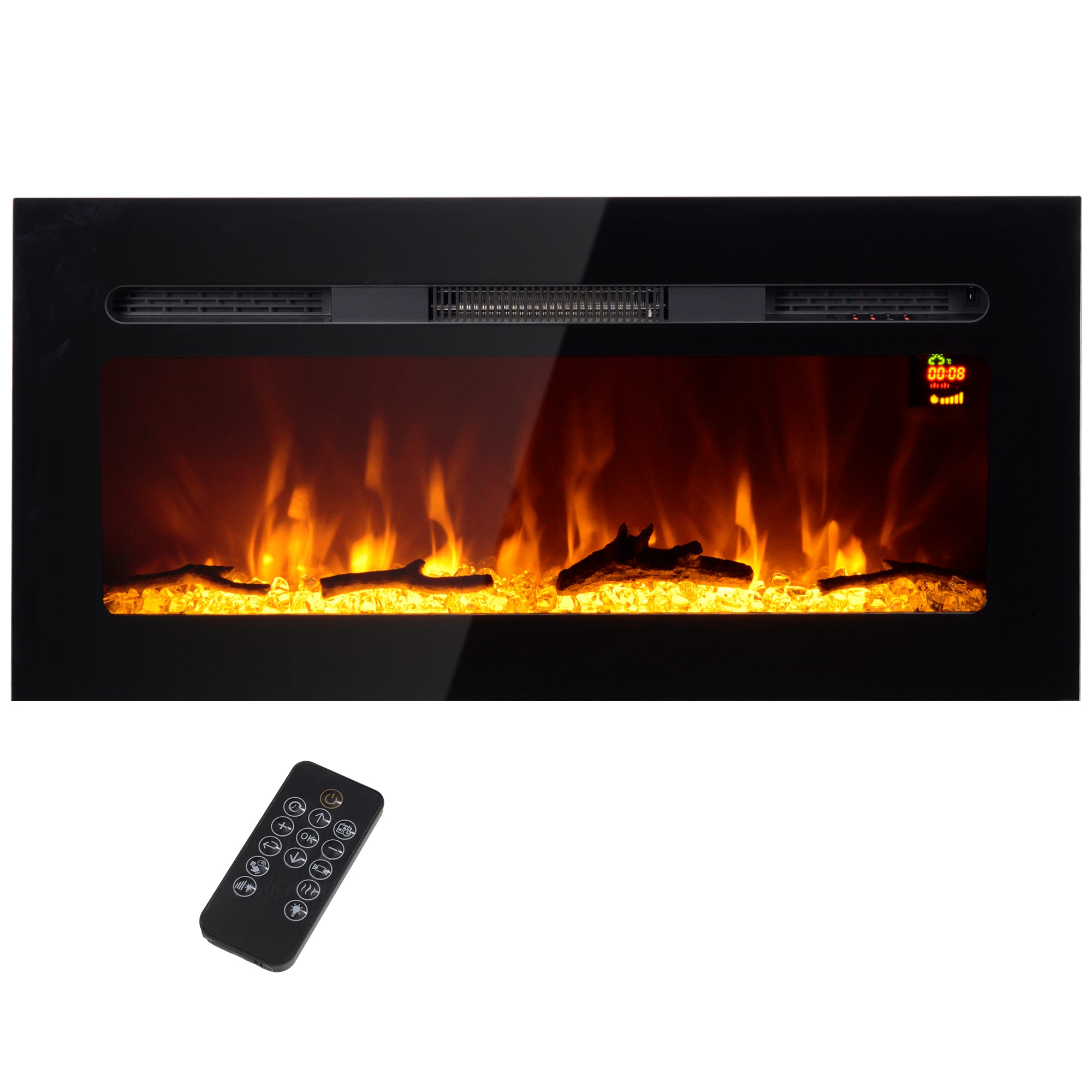 Cheminée électrique 1800 W mural ou encastrable fausse cheminée avec effet flamme en LED 3 couleurs 5 luminosités, bûche et cristal, minuterie, température 15-40℃, télécommande, 91,4L cm, noir