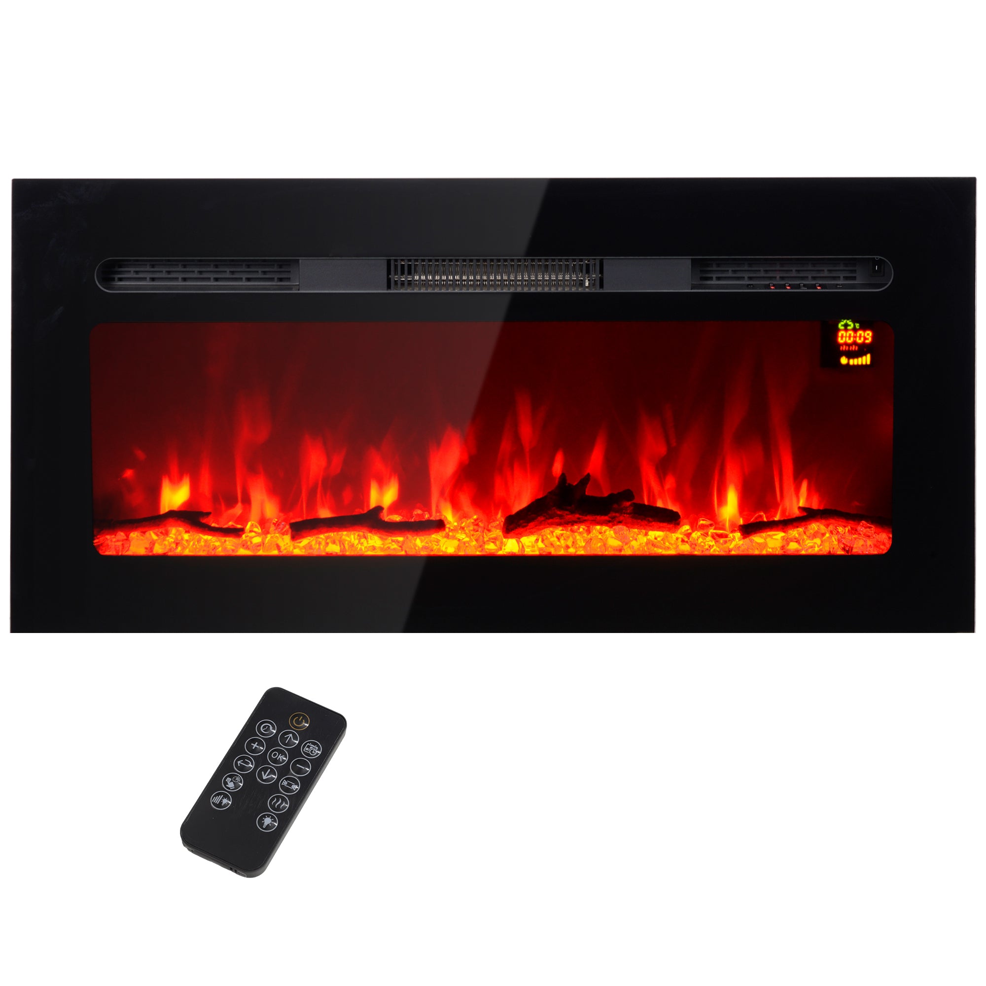 Cheminée électrique 1800 W mural ou encastrable fausse cheminée avec effet flamme en LED 3 couleurs 5 luminosités, bûche et cristal, minuterie, température 15-40℃, télécommande, 91,4L cm, noir