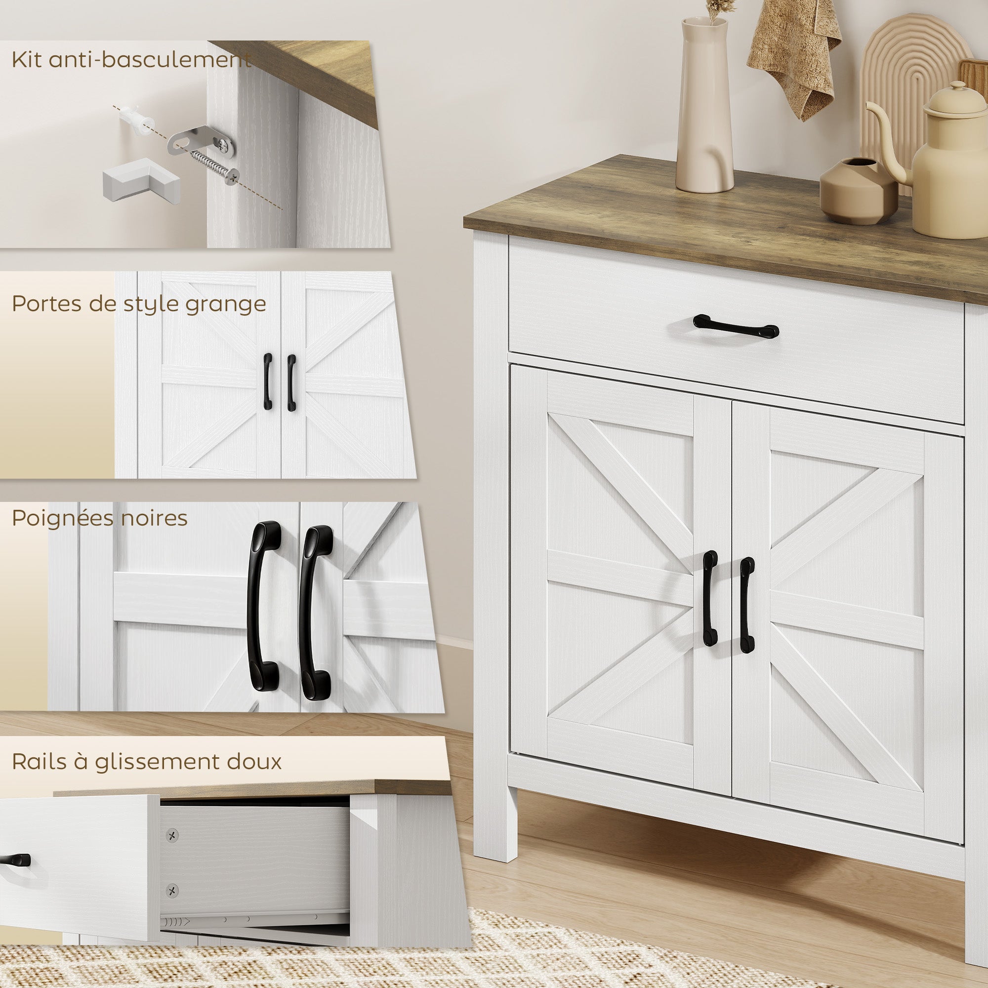 Buffet salon, meuble de rangement avec 2 portes de grange, tiroir et étagère réglable, style rustique, buffet salle à manger et cuisine, 77 x 39,3 x 81,5 cm, blanc et marron