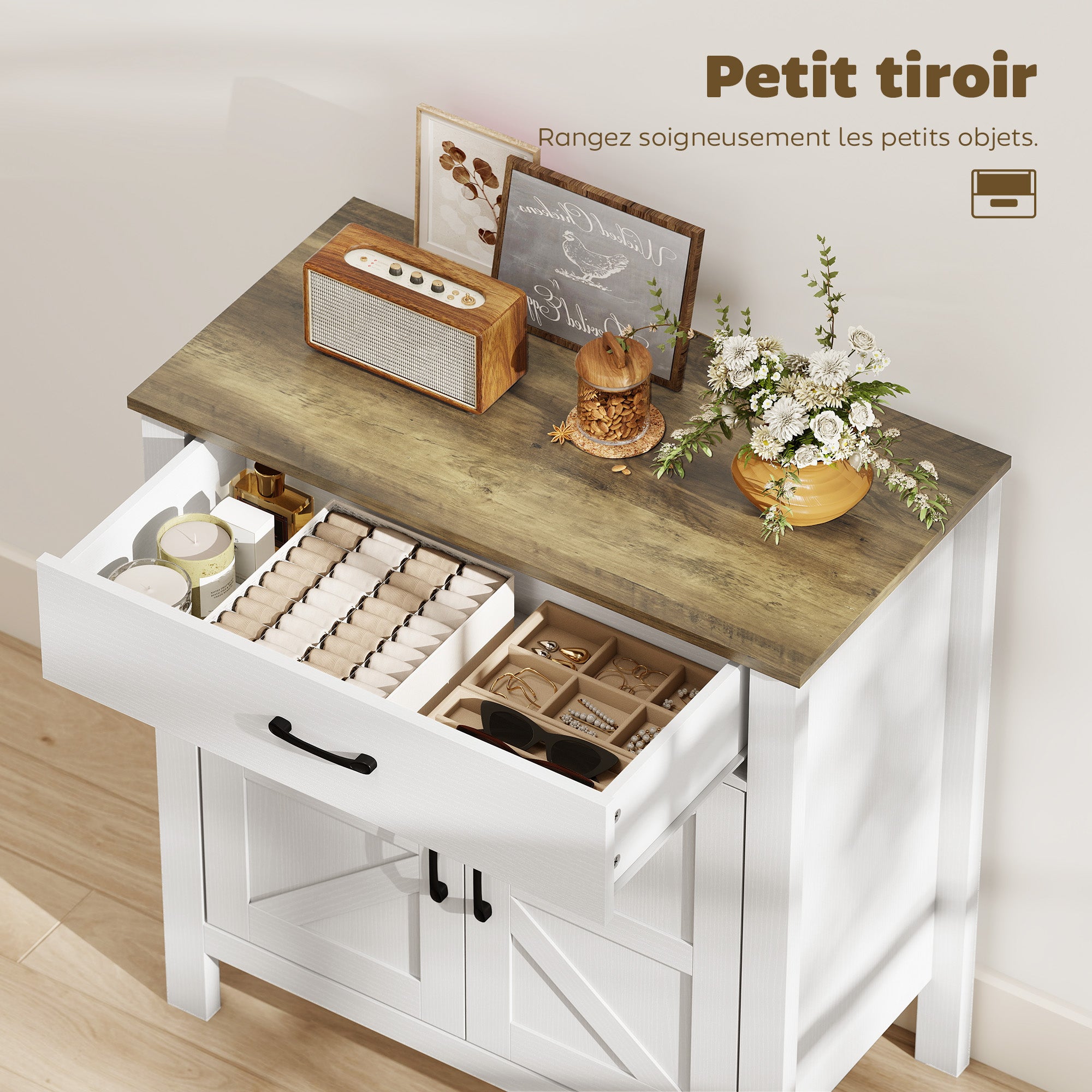 Buffet salon, meuble de rangement avec 2 portes de grange, tiroir et étagère réglable, style rustique, buffet salle à manger et cuisine, 77 x 39,3 x 81,5 cm, blanc et marron