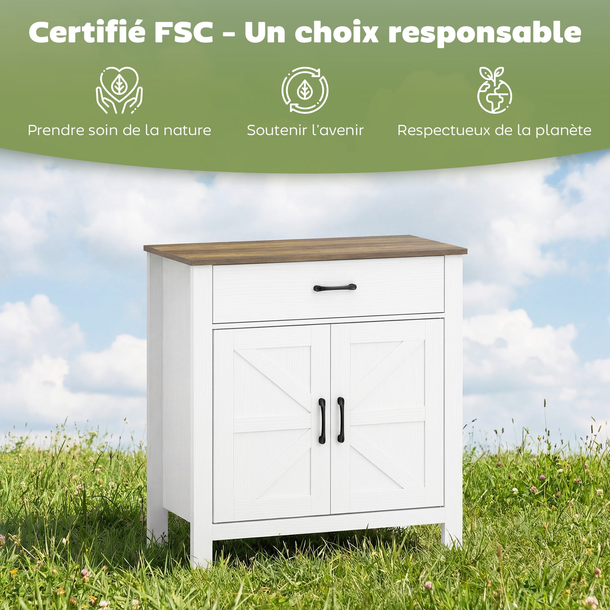 Buffet salon, meuble de rangement avec 2 portes de grange, tiroir et étagère réglable, style rustique, buffet salle à manger et cuisine, 77 x 39,3 x 81,5 cm, blanc et marron