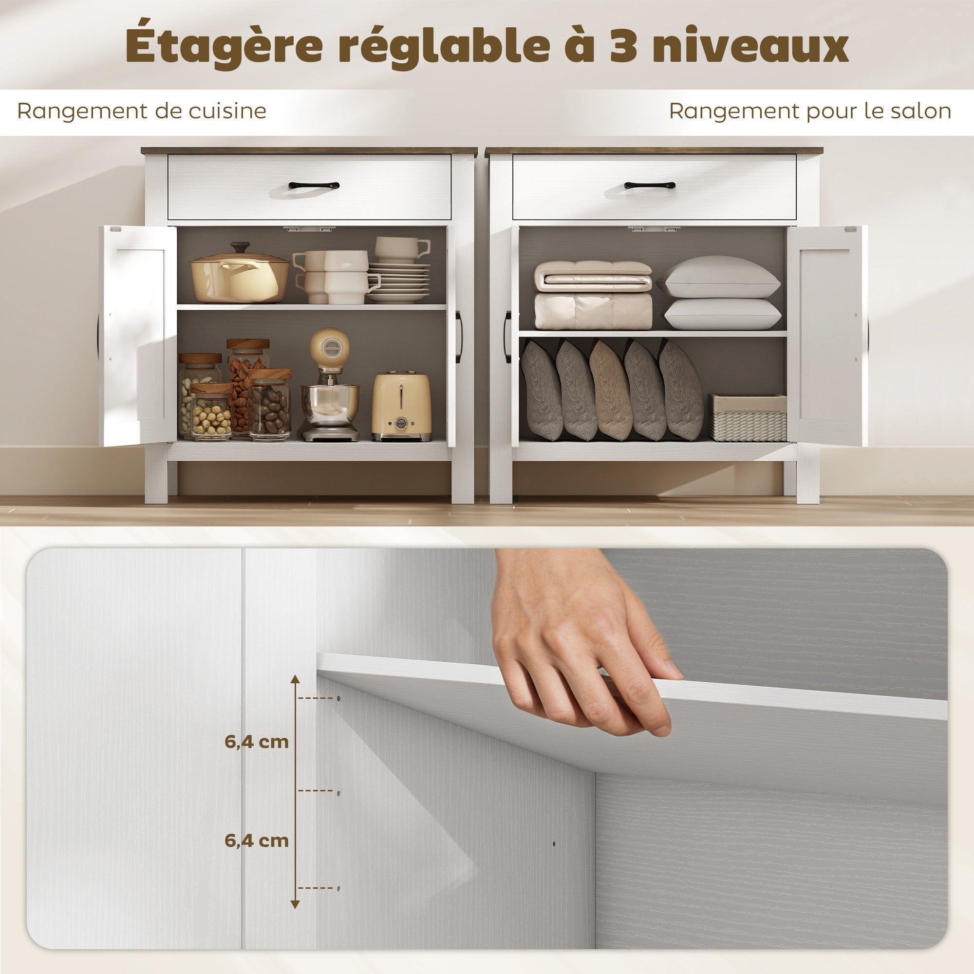 Buffet salon, meuble de rangement avec 2 portes de grange, tiroir et étagère réglable, style rustique, buffet salle à manger et cuisine, 77 x 39,3 x 81,5 cm, blanc et marron