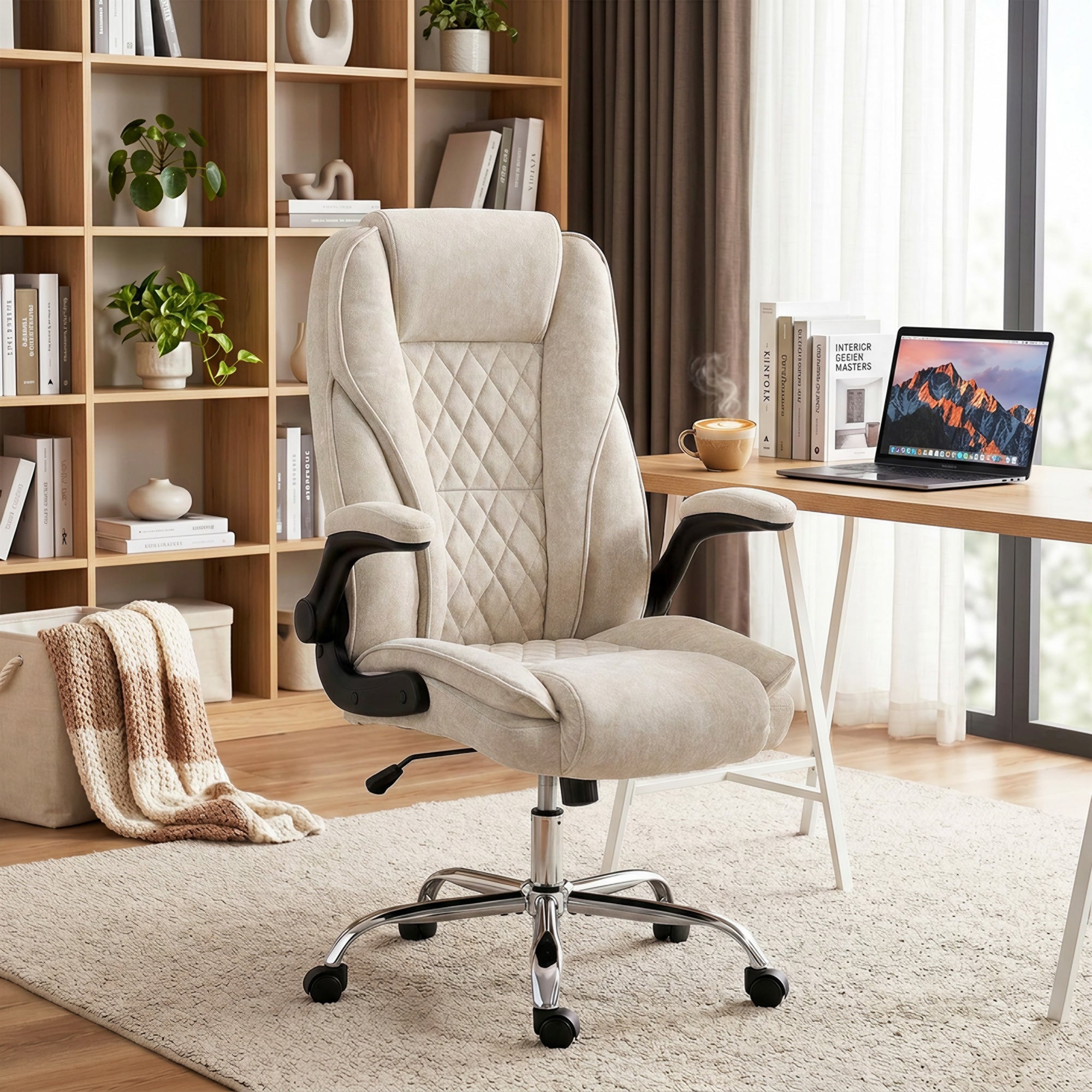 Fauteuil de bureau, chaise bureau ergonomique avec large assise rembourrée, hauteur réglable, accoudoirs relevables, dossier haut, pivotant 360°, tissu en velours, charge 120 Kg, beige