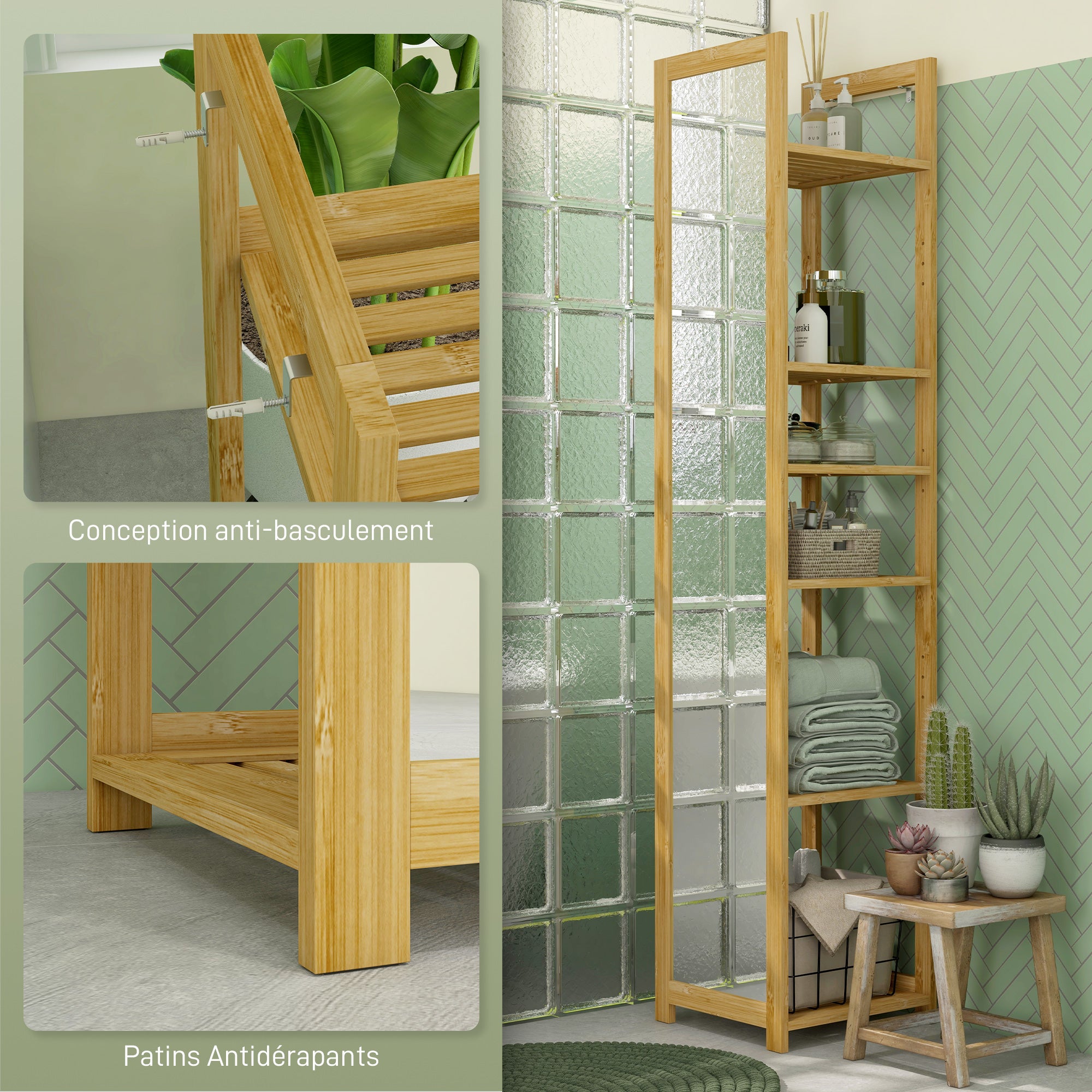 Meuble colonne de salle de bain avec miroir étagère de rangements à 6 étagères support en bambou naturel, 35L x 35l x 168H cm