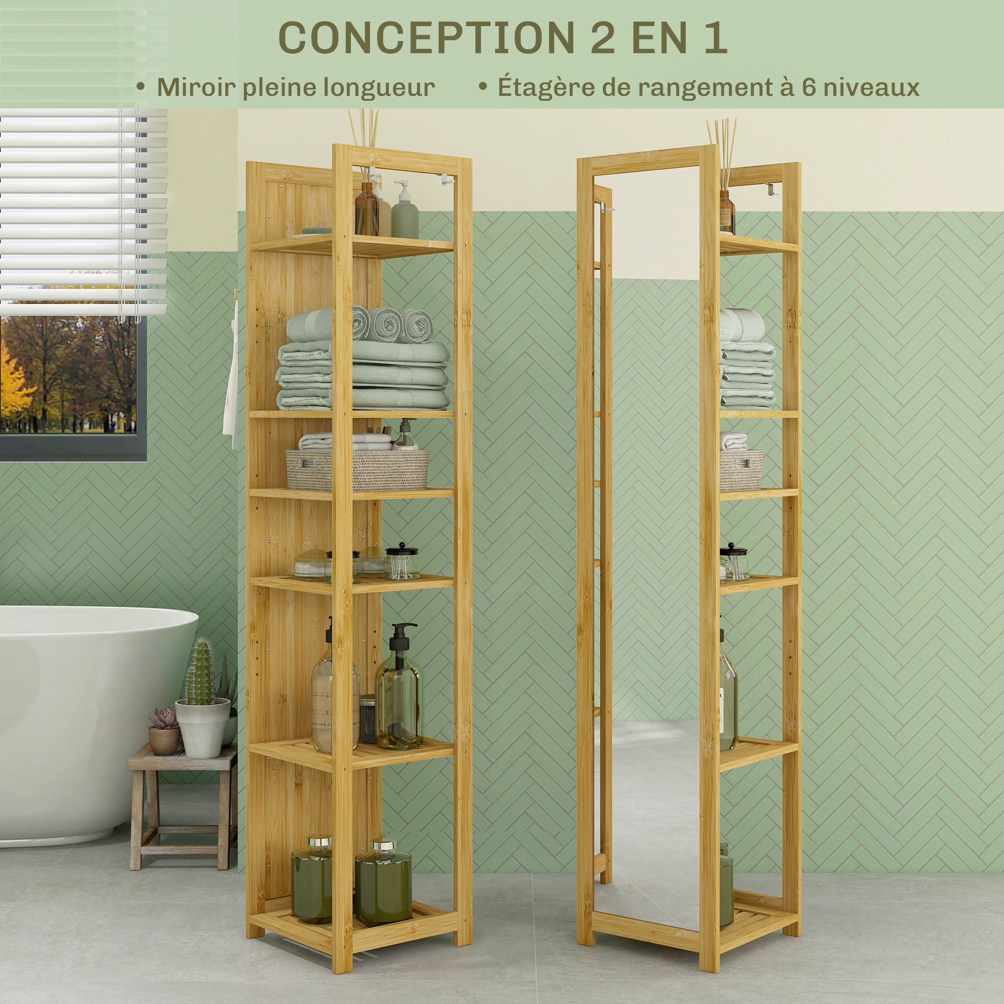 Meuble colonne de salle de bain avec miroir étagère de rangements à 6 étagères support en bambou naturel, 35L x 35l x 168H cm