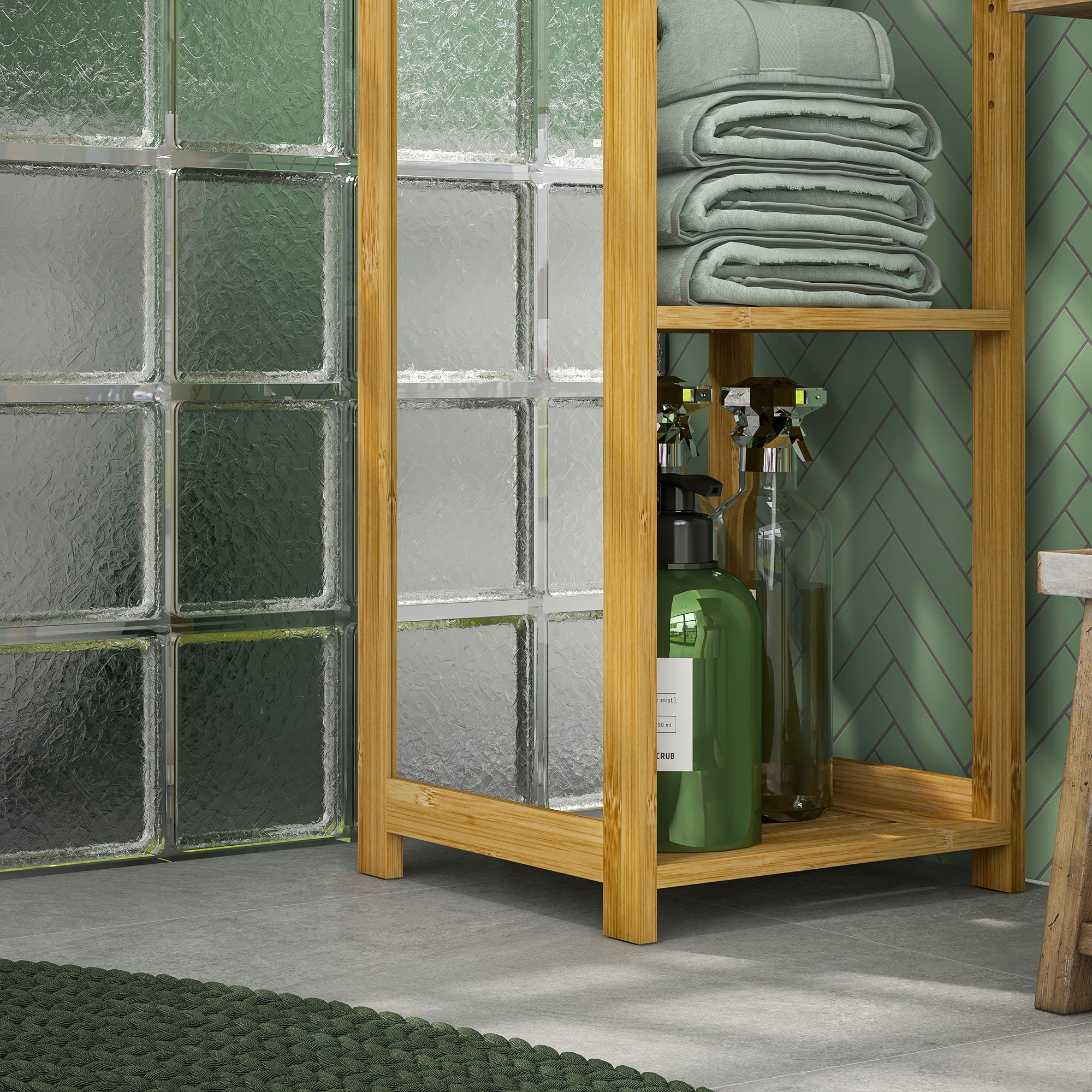 Meuble colonne de salle de bain avec miroir étagère de rangements à 6 étagères support en bambou naturel, 35L x 35l x 168H cm