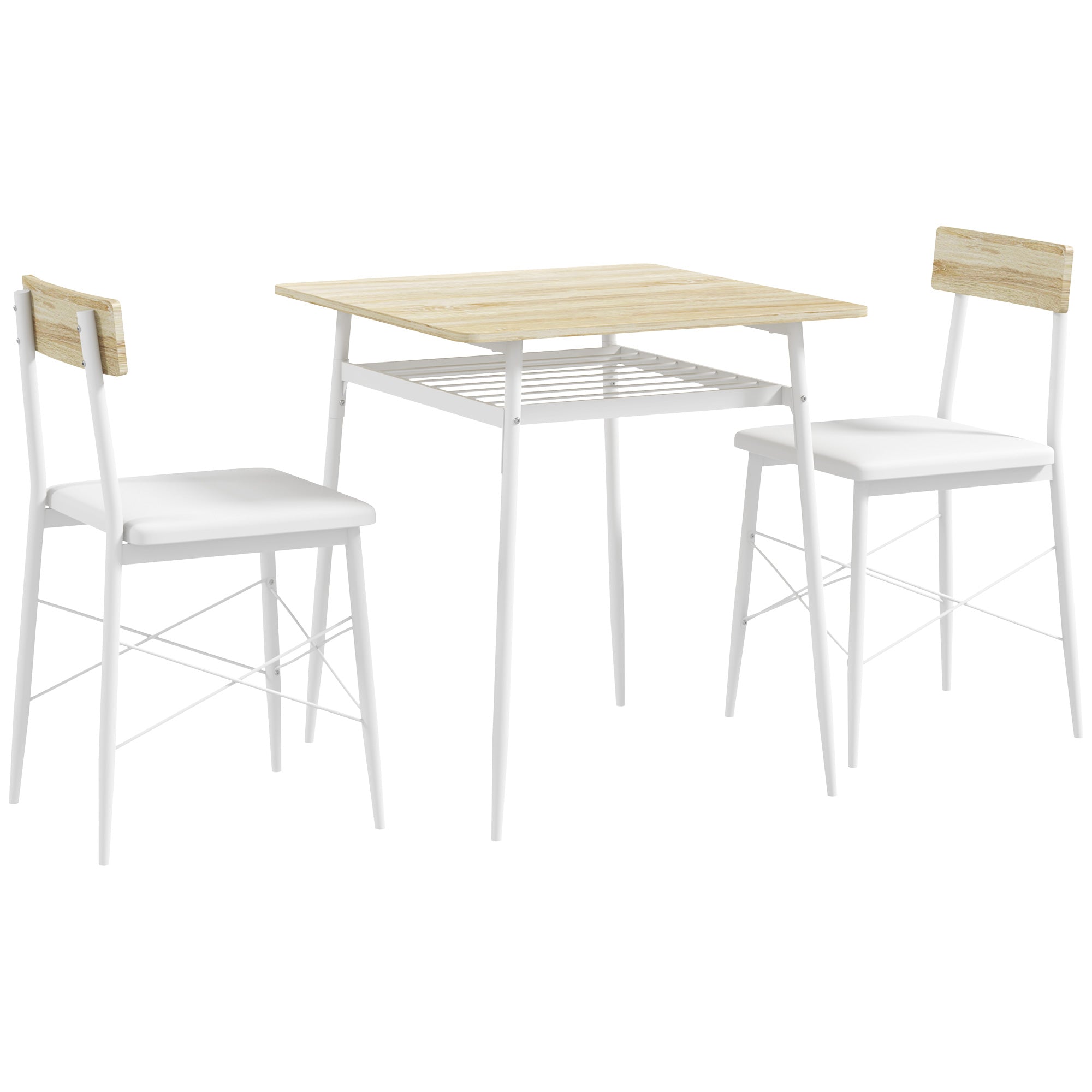 Ensemble table et chaises, table de cuisine avec chaises, structure en acier, avec 2 chaises encastrables, pour cuisine salon maison, blanc et chêne