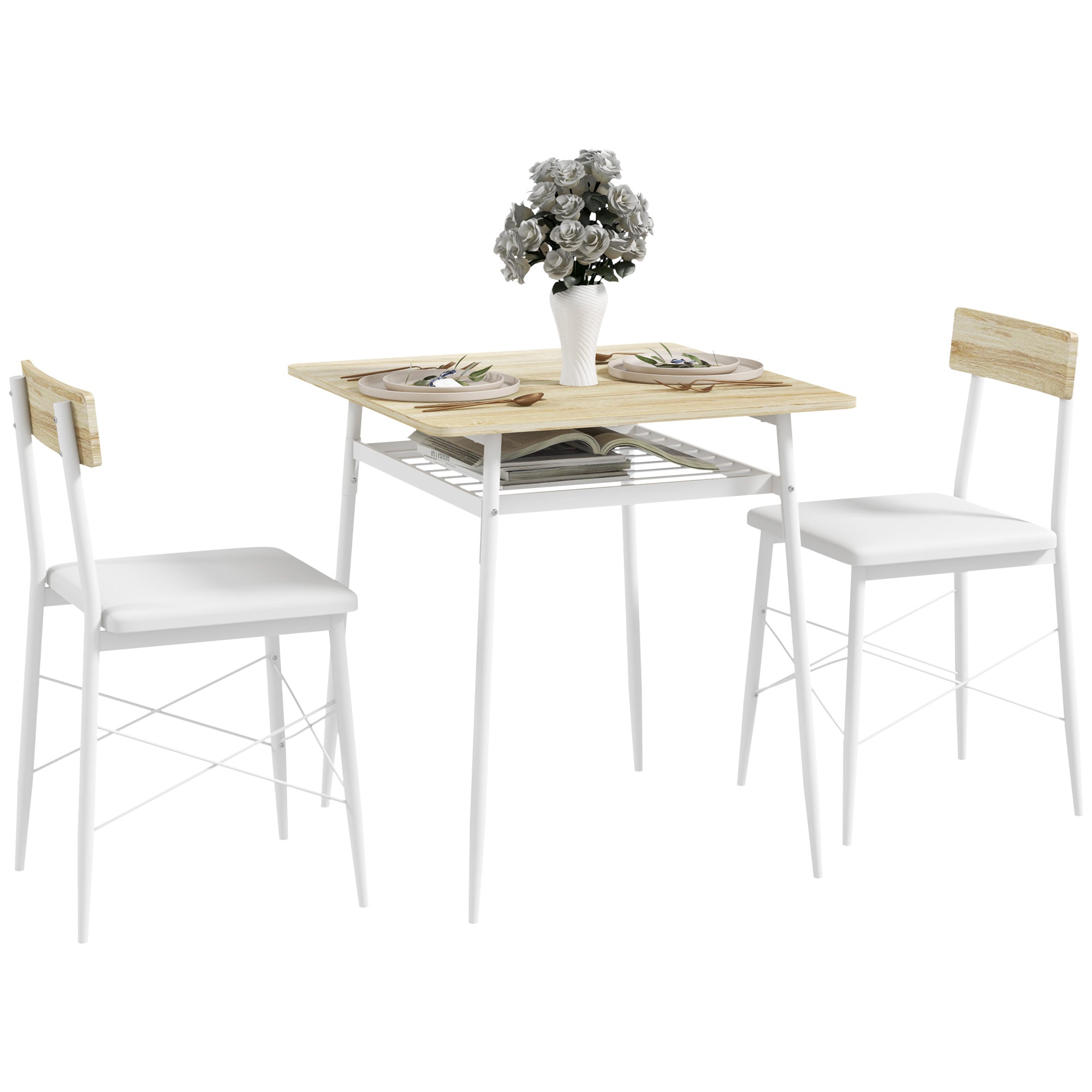 Ensemble table et chaises, table de cuisine avec chaises, structure en acier, avec 2 chaises encastrables, pour cuisine salon maison, blanc et chêne