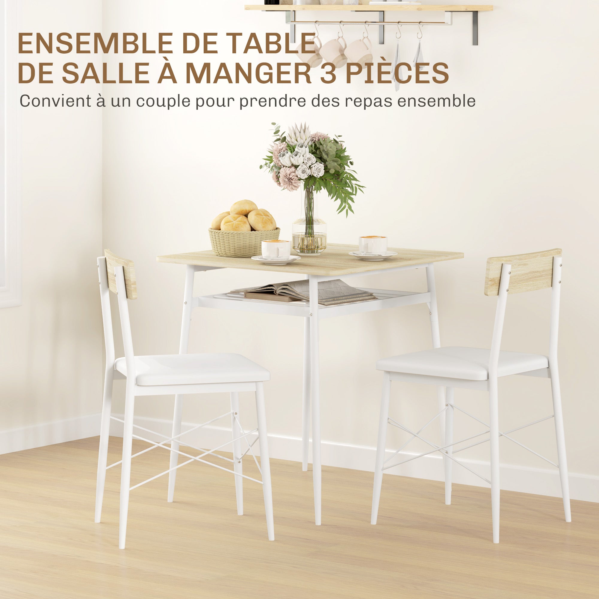 Ensemble table et chaises, table de cuisine avec chaises, structure en acier, avec 2 chaises encastrables, pour cuisine salon maison, blanc et chêne