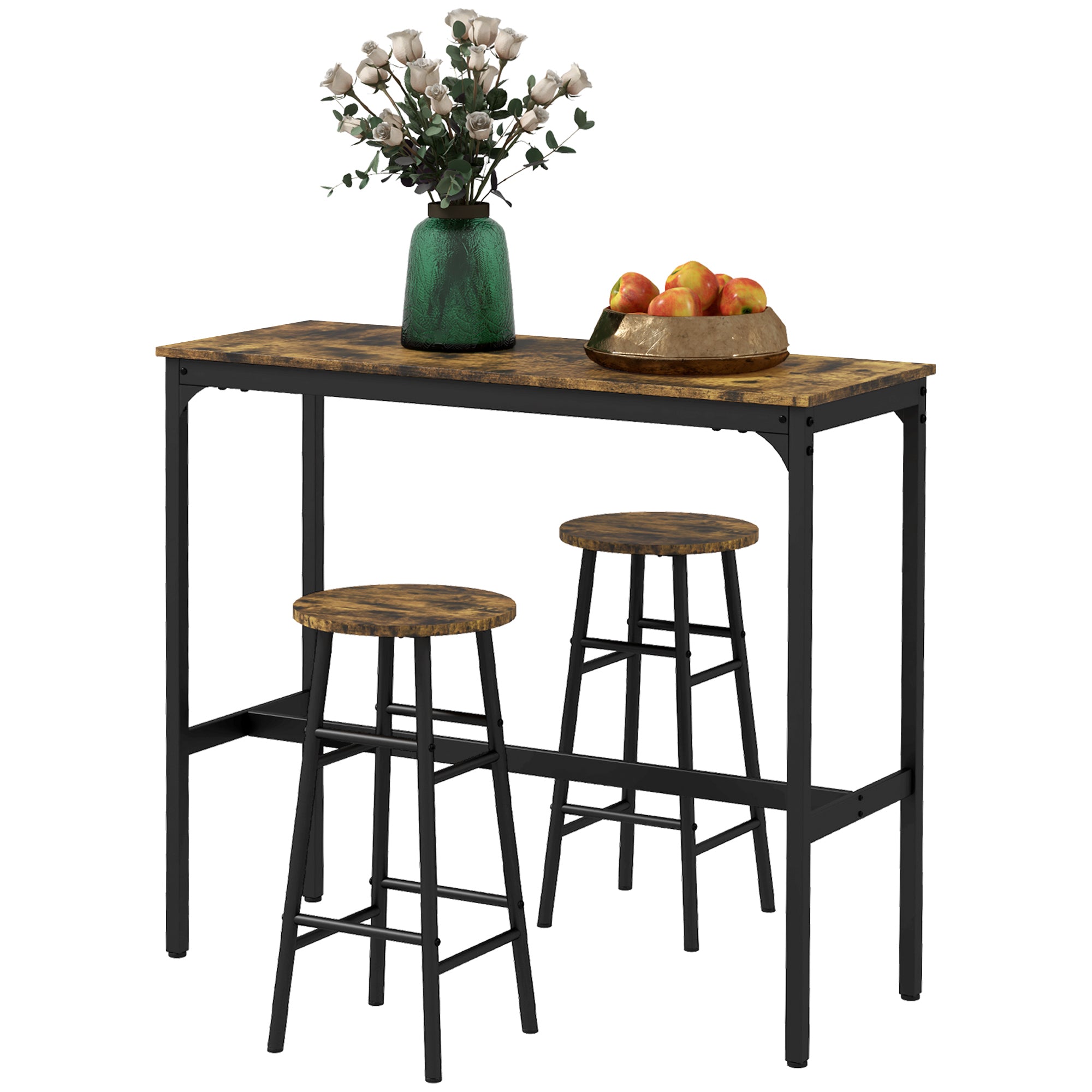 Ensemble table de bar bistrot + 2 tabourets avec repose-pieds table mange-debout structure en acier design industriel table haute de cuisine plateau aspect brun rustique noir