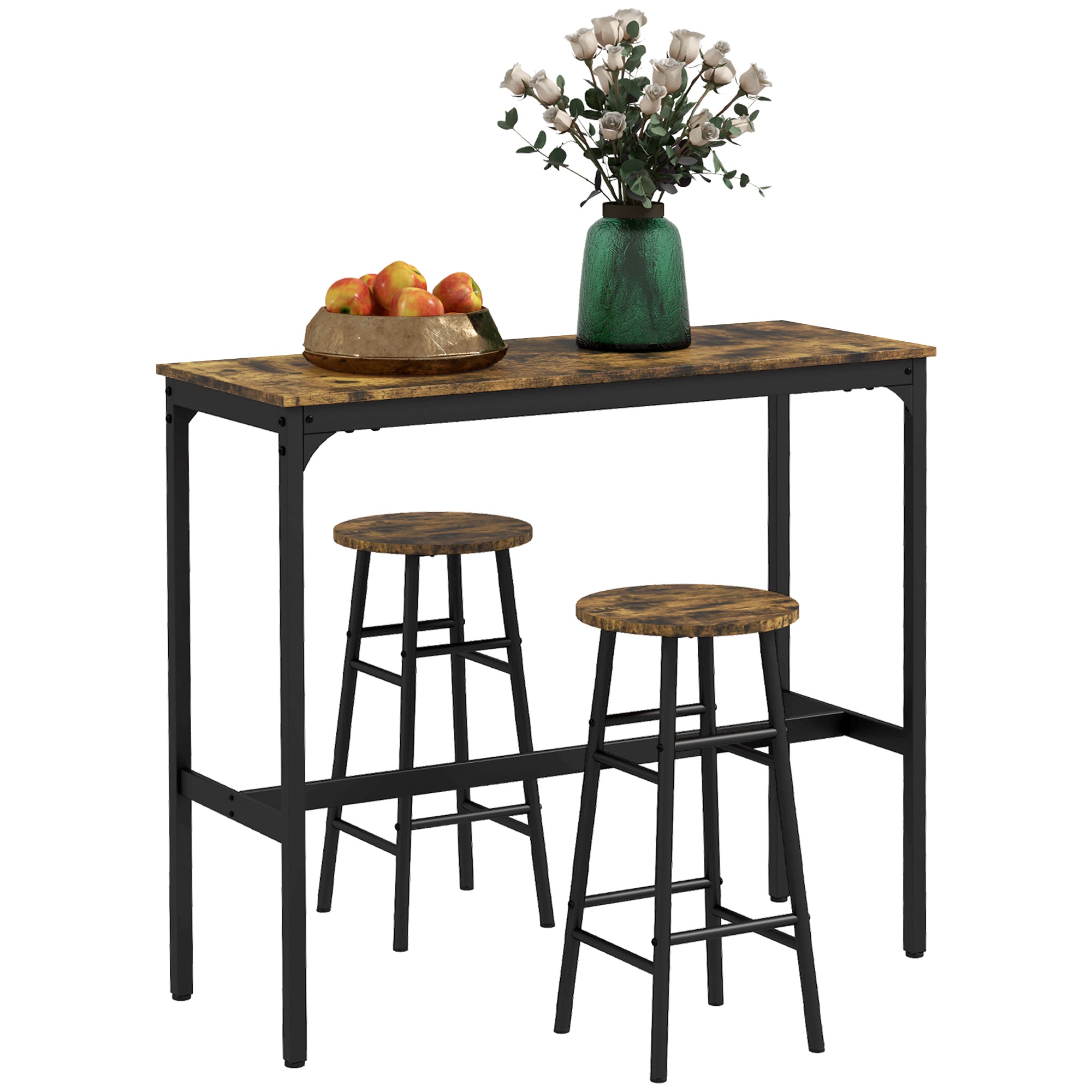 Ensemble table de bar bistrot + 2 tabourets avec repose-pieds table mange-debout structure en acier design industriel table haute de cuisine plateau aspect brun rustique noir