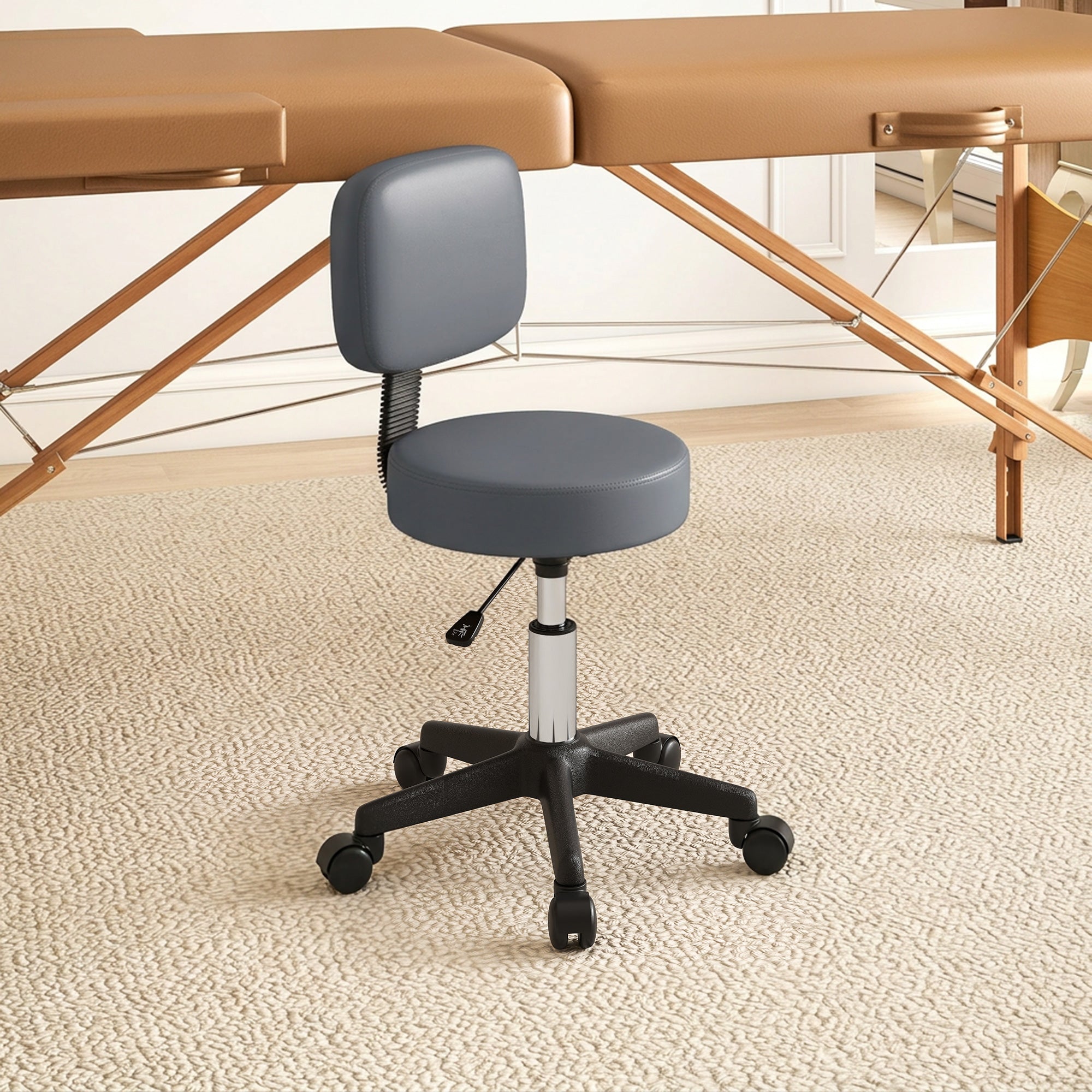 Tabouret massage a roulettes reglable en hauteur pivotant avec dossier ergonomique gris