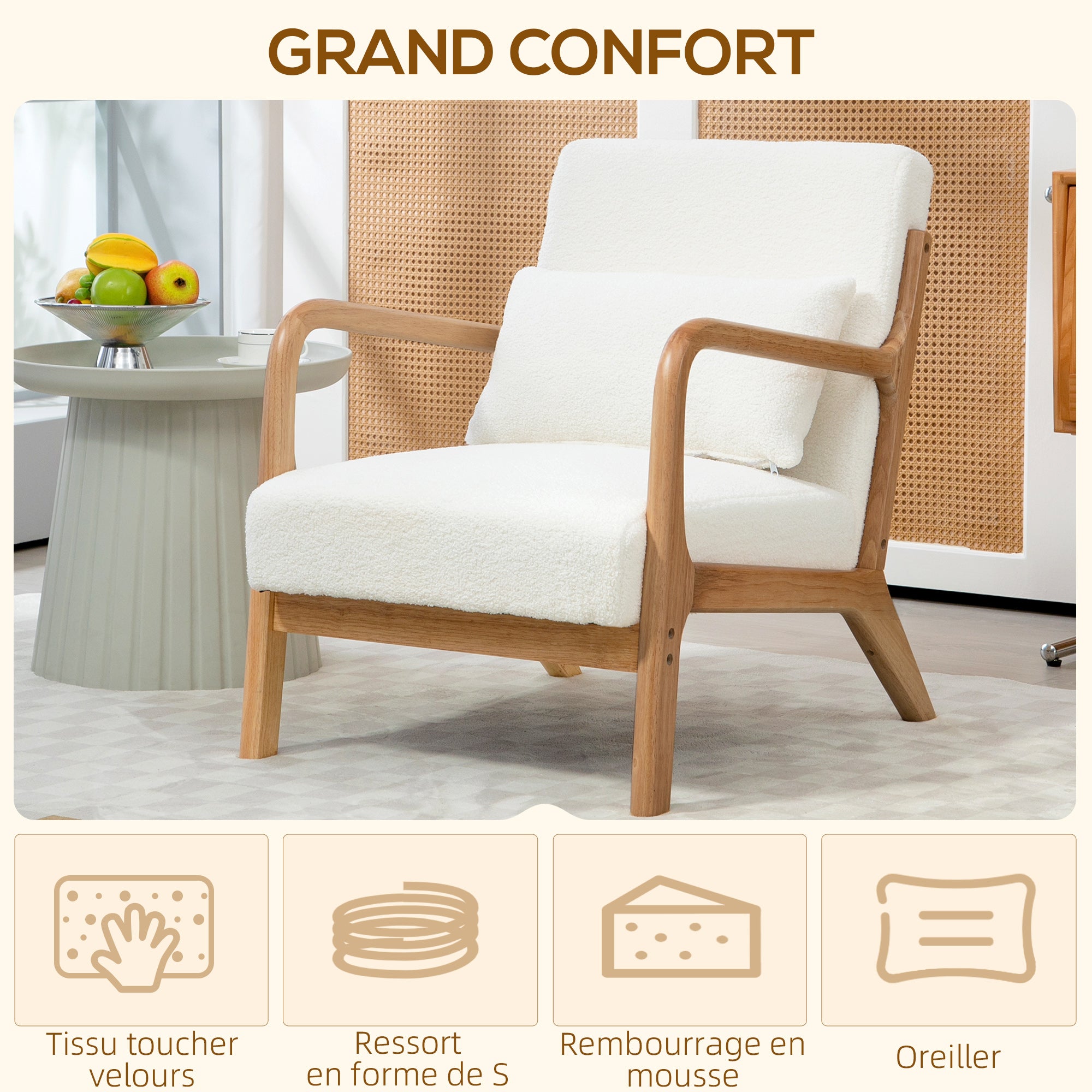 Fauteuil de salon avec cadre en bois massif fauteuil lounge - assise profonde - accoudoirs - aspect velours crème