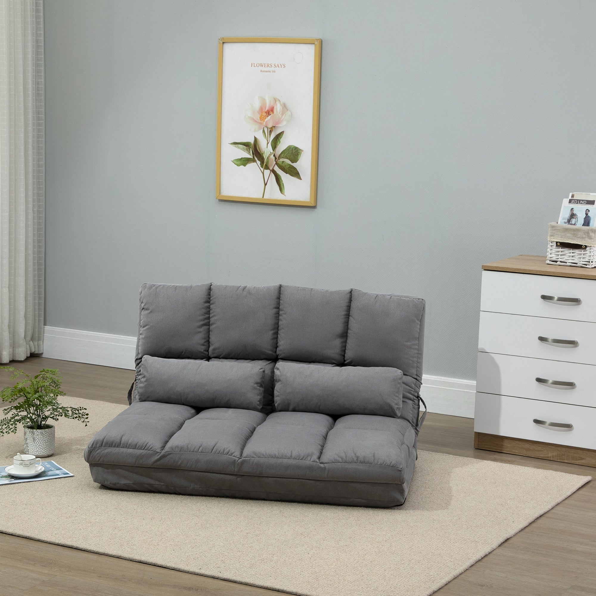 Chauffeuse matelas d'appoint pliant fauteuil convertible inclinaison dossier réglable 2 coussins inclus en polyester aspect suédé, pour salon, chambre et bureau, gris